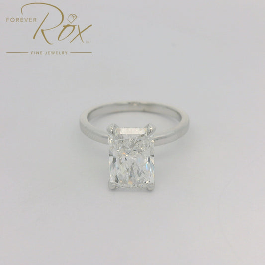 Custom Long Radiant Cut D - VS1 Diamond Ring with Diamonds Around Head - Forever Rox Fine Jewelry