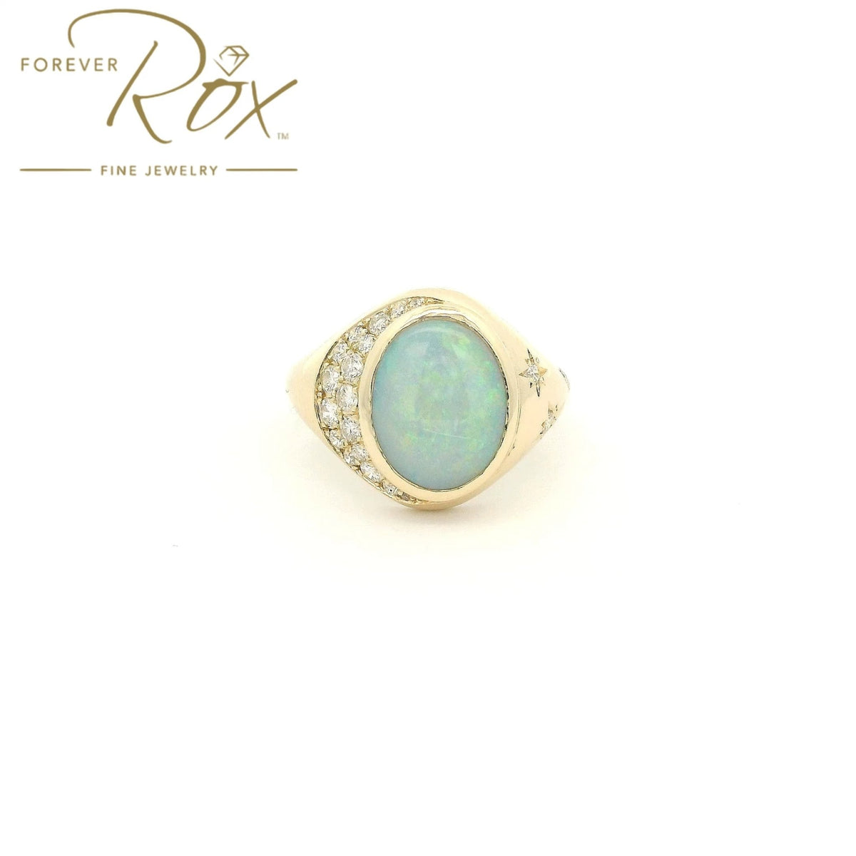 Custom Oval Opal Ring With Pavé Diamond Moon & Diamond Stars - Forever Rox Fine Jewelry