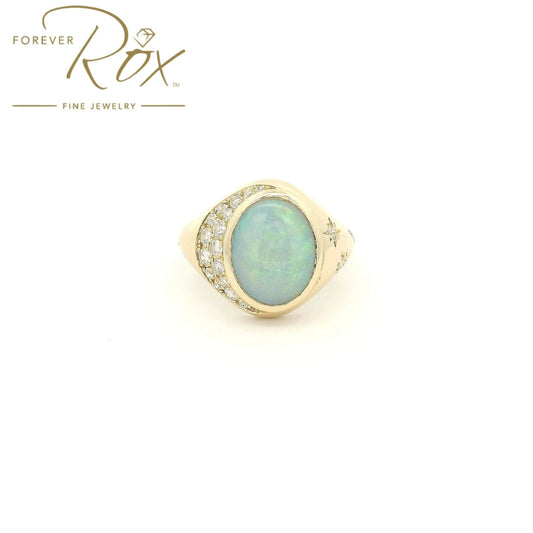 Custom Oval Opal Ring With Pavé Diamond Moon & Diamond Stars - Forever Rox Fine Jewelry