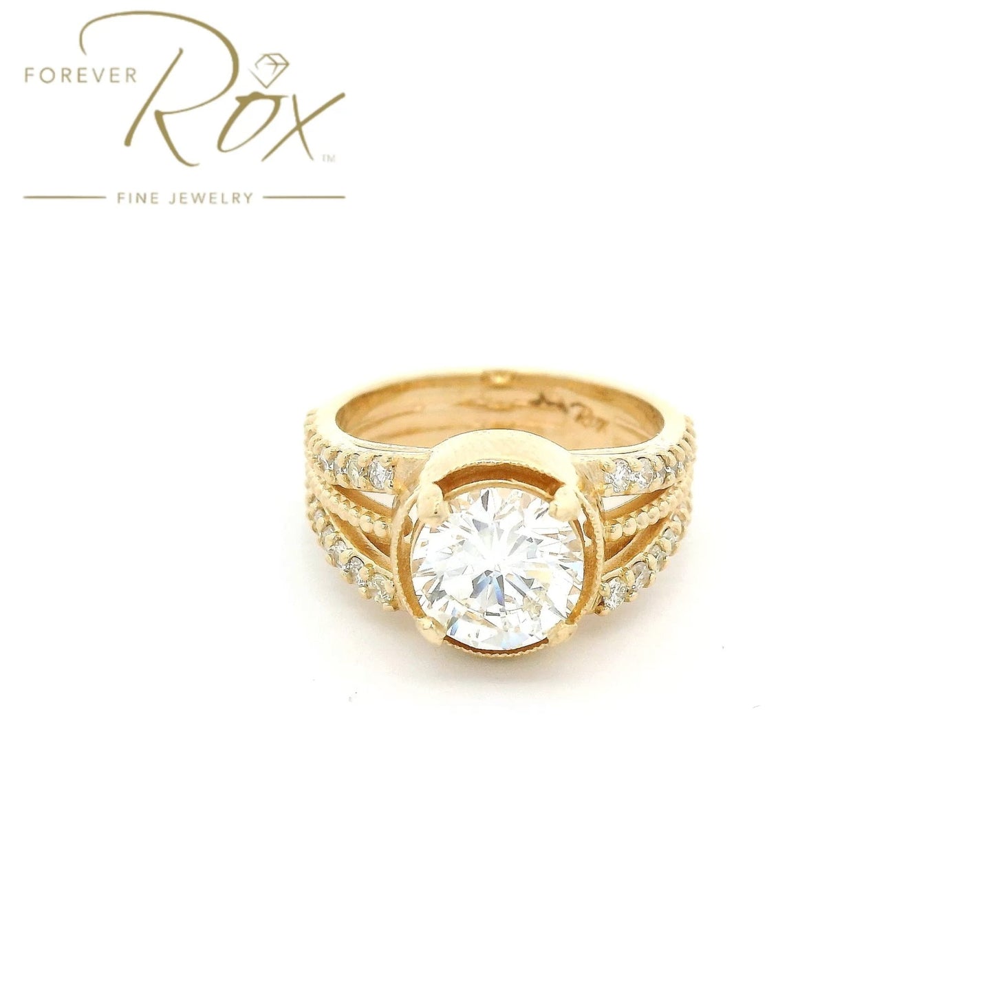 Custom Round Brilliant Cut Diamond Bridal Rang with Three Split Shank and Milgrain Design - Forever Rox Fine Jewelry
