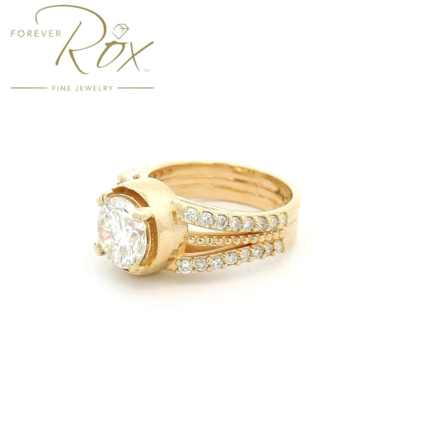 Custom Round Brilliant Cut Diamond Bridal Rang with Three Split Shank and Milgrain Design - Forever Rox Fine Jewelry