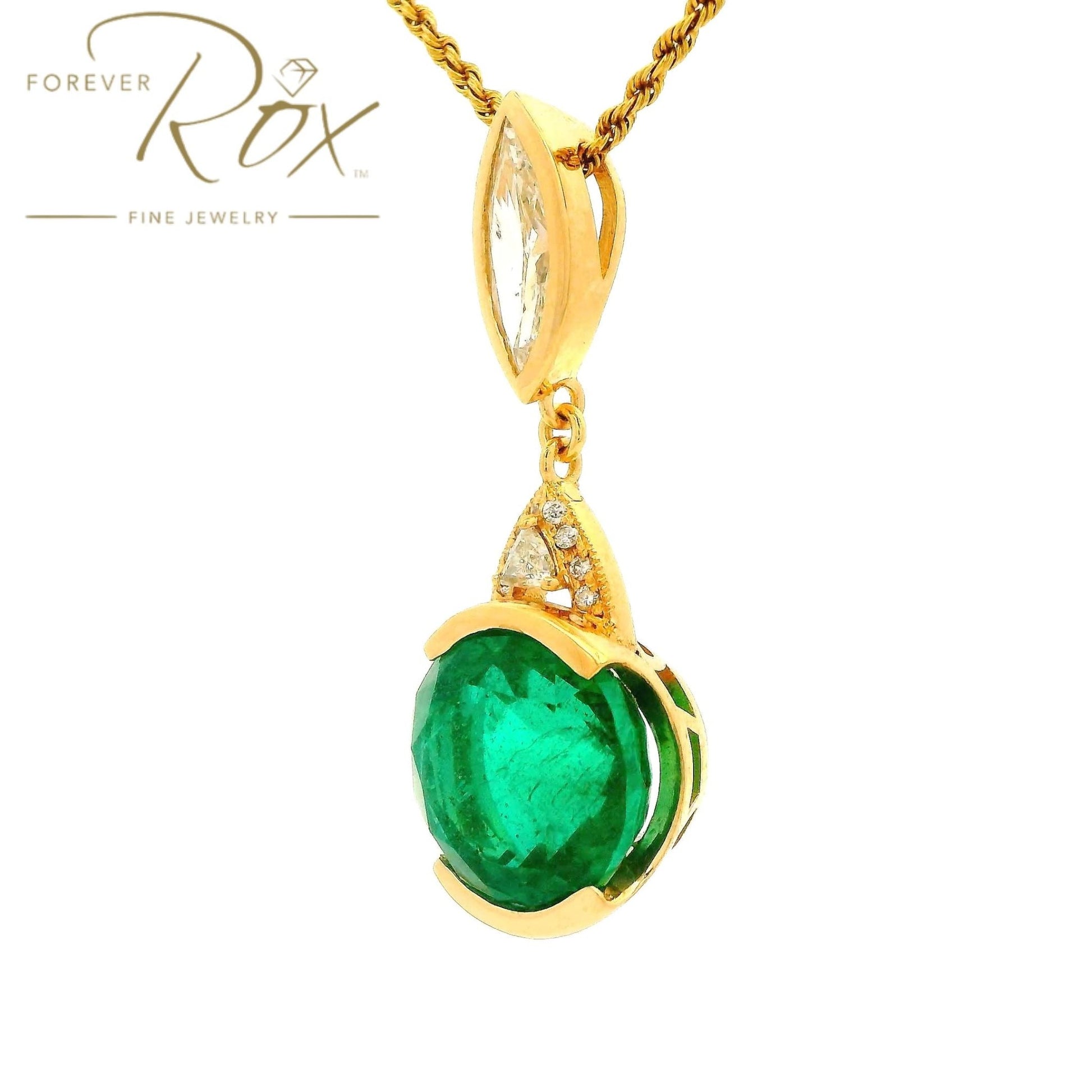 Custom Round Cut Emerald Pendant With Marquise & Trillion Cut Diamonds - Forever Rox