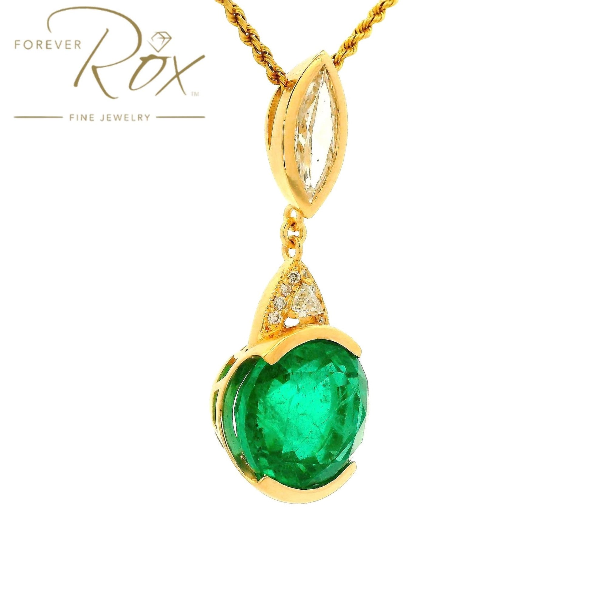 Custom Round Cut Emerald Pendant With Marquise & Trillion Cut Diamonds - Forever Rox