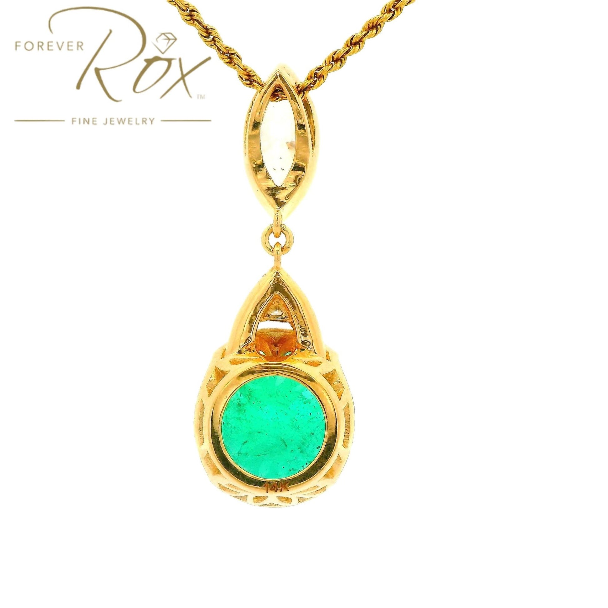 Custom Round Cut Emerald Pendant With Marquise & Trillion Cut Diamonds - Forever Rox