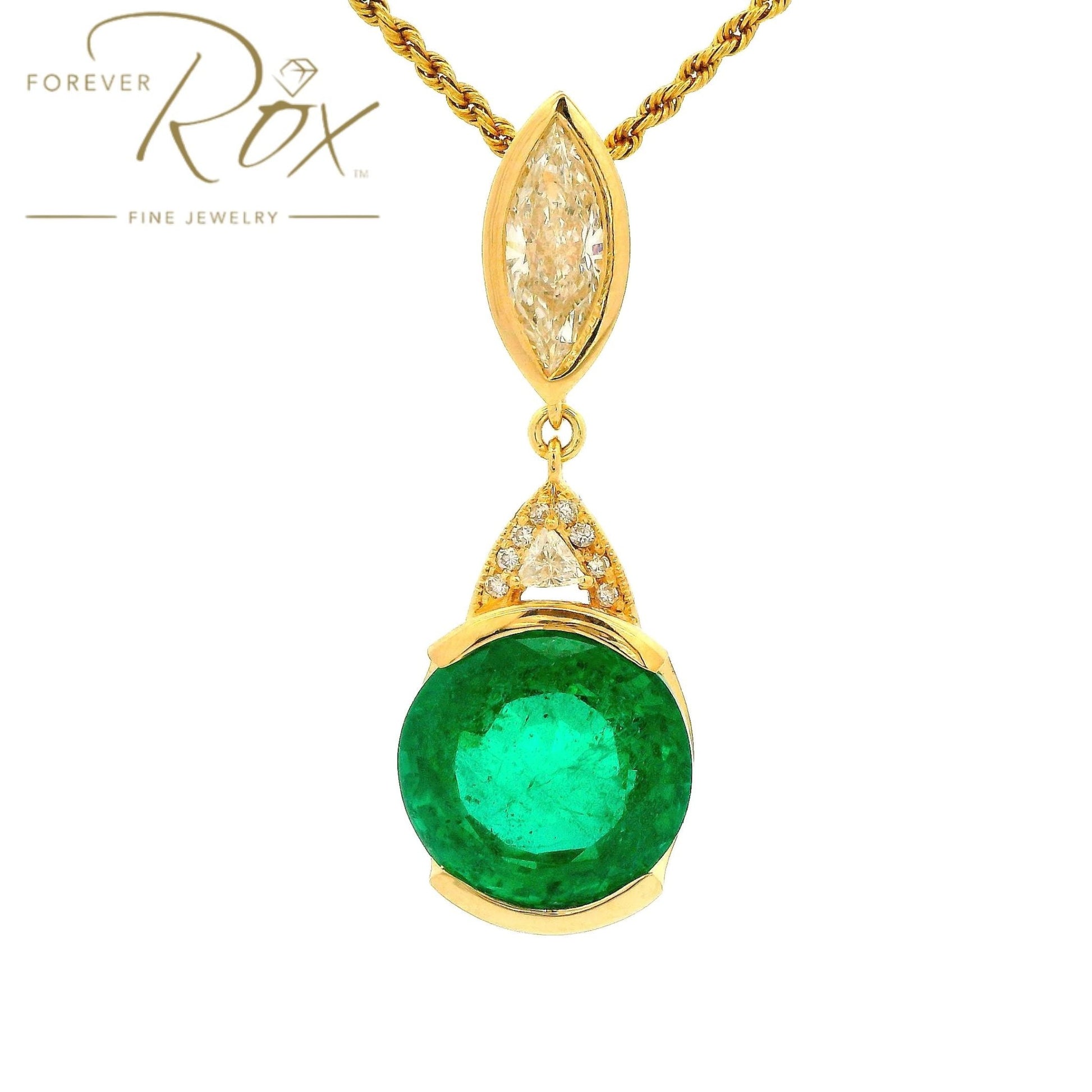 Custom Round Cut Emerald Pendant With Marquise & Trillion Cut Diamonds - Forever Rox