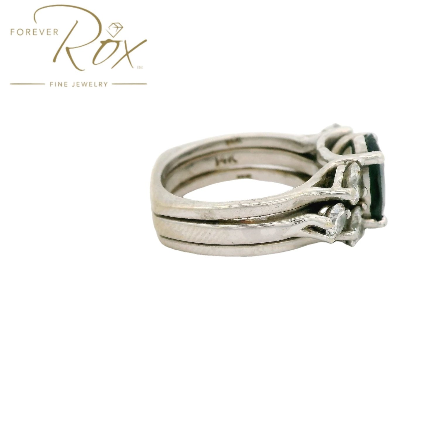 Custom Sapphire & Diamond Wedding Ring With Diamond Bands Soldered on Each Side - Forever Rox