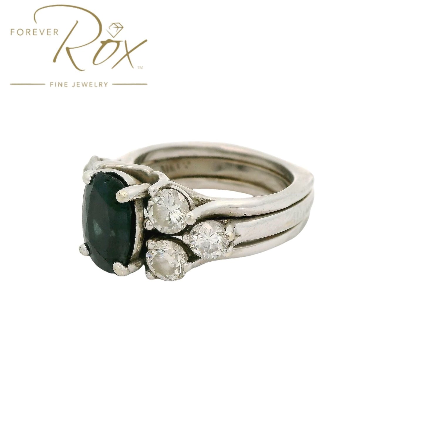 Custom Sapphire & Diamond Wedding Ring With Diamond Bands Soldered on Each Side - Forever Rox