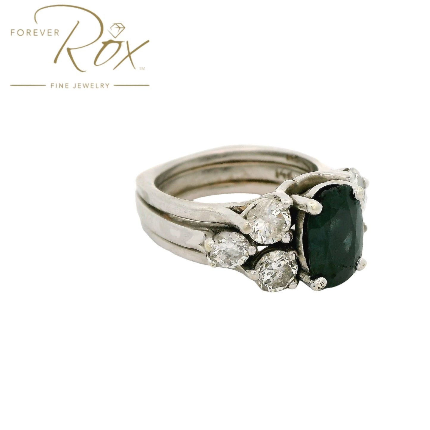Custom Sapphire & Diamond Wedding Ring With Diamond Bands Soldered on Each Side - Forever Rox