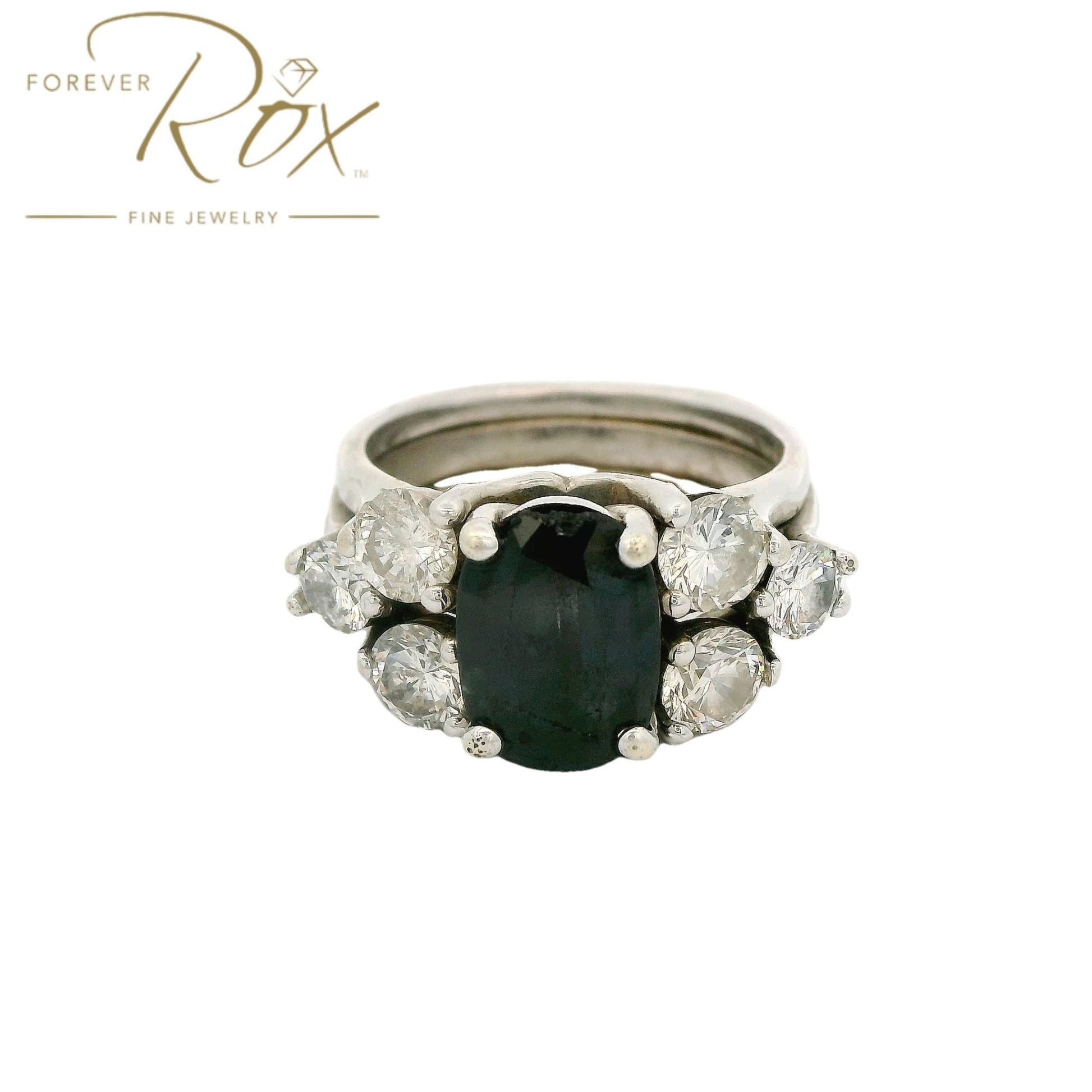 Custom Sapphire & Diamond Wedding Ring With Diamond Bands Soldered on Each Side - Forever Rox