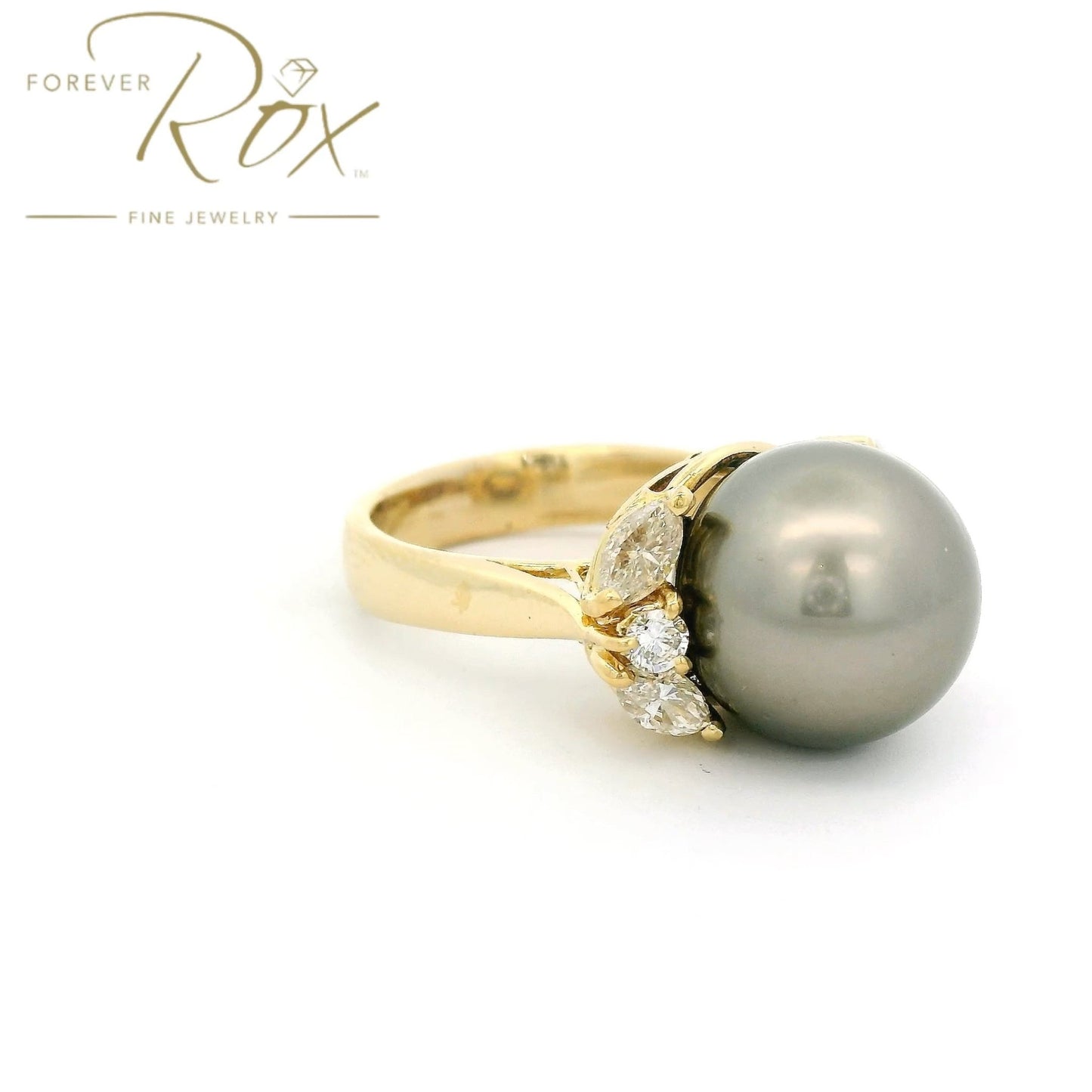 Custom Tahitian Pearl Ring With Marquise & Round Cut Diamonds - Forever Rox Fine Jewelry