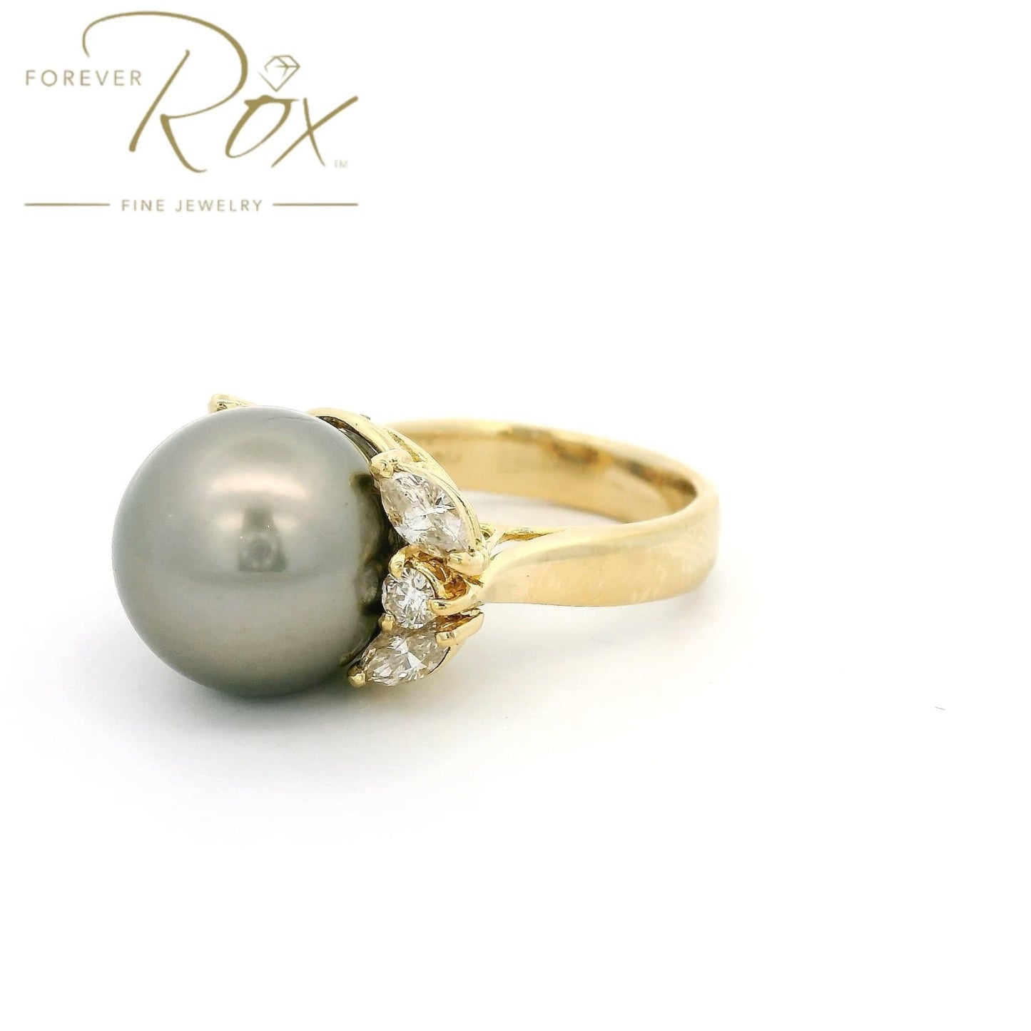 Custom Tahitian Pearl Ring With Marquise & Round Cut Diamonds - Forever Rox Fine Jewelry