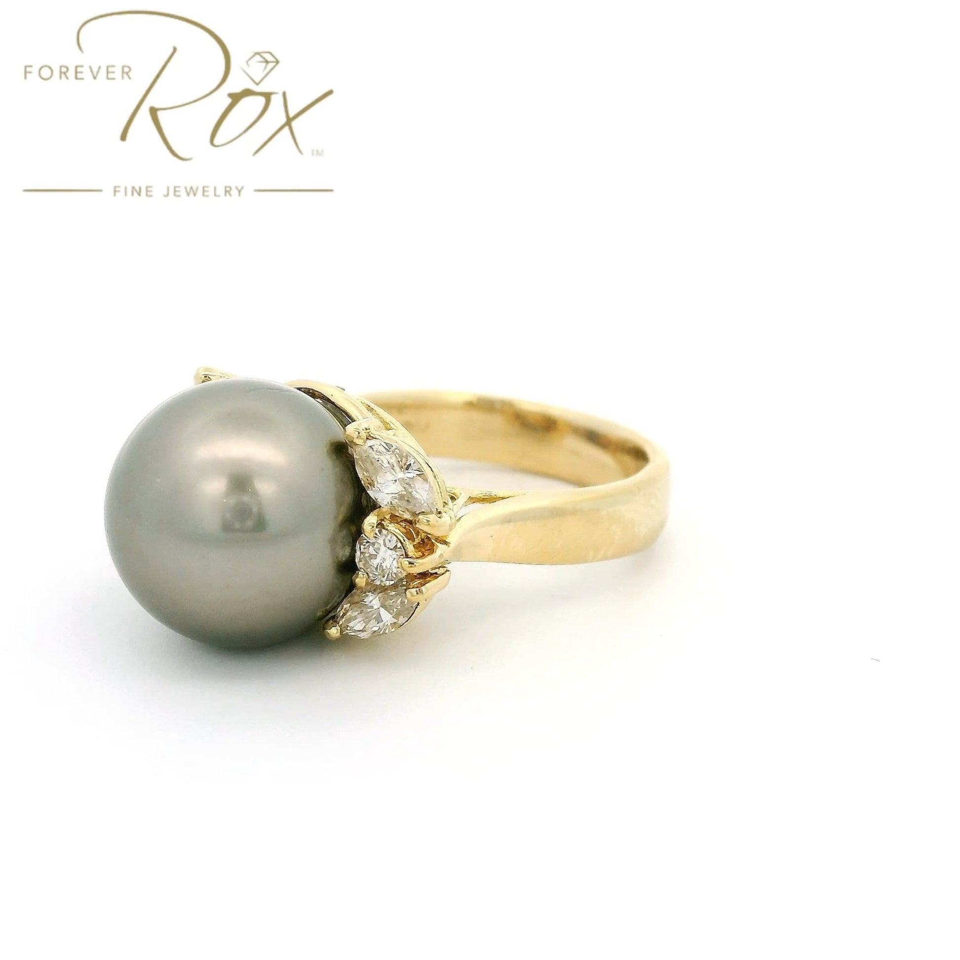 Custom Tahitian Pearl Ring With Marquise & Round Cut Diamonds - Forever Rox Fine Jewelry