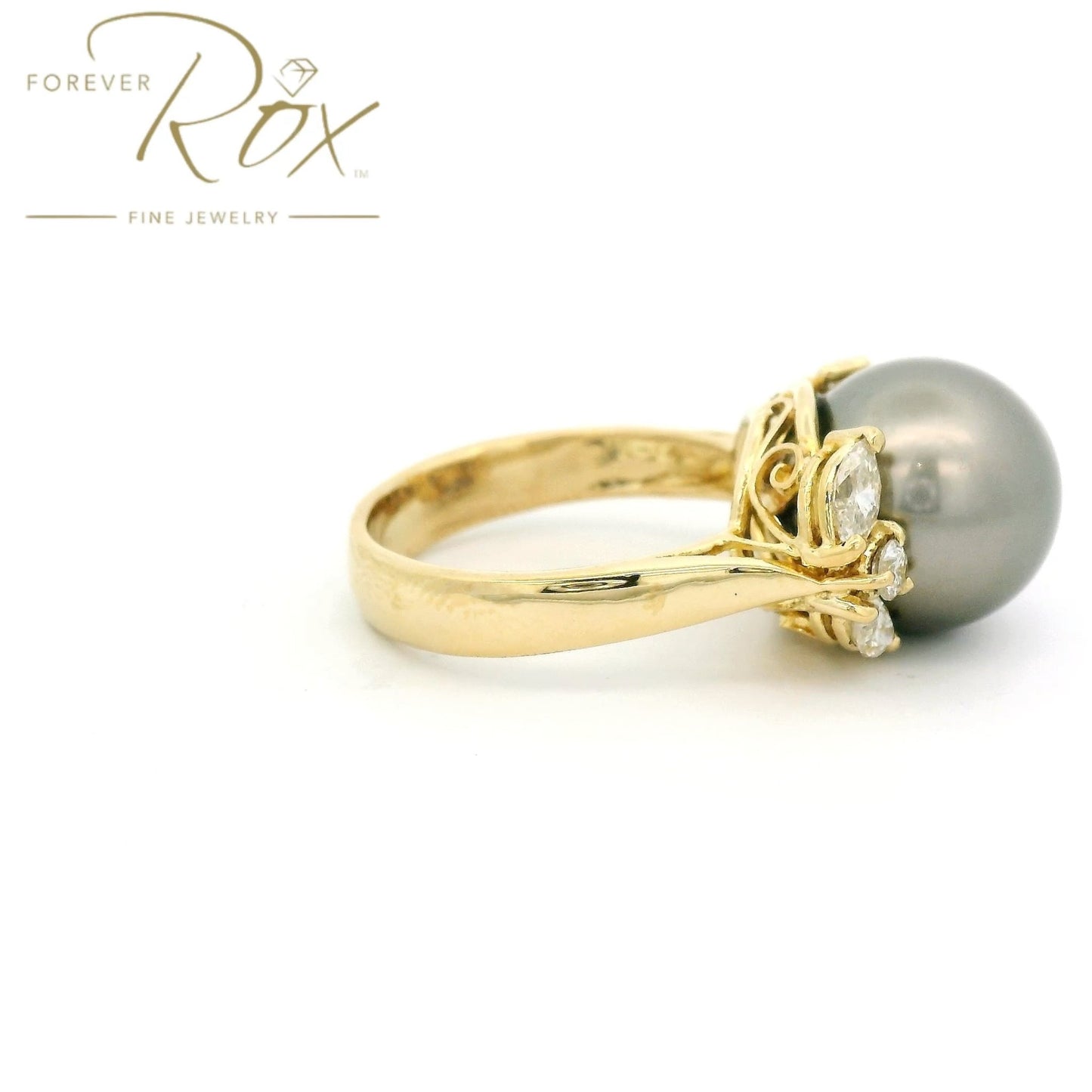 Custom Tahitian Pearl Ring With Marquise & Round Cut Diamonds - Forever Rox Fine Jewelry