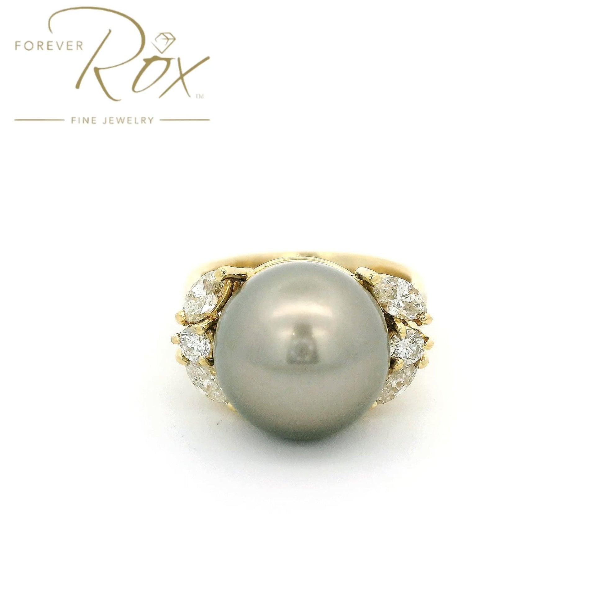 Custom Tahitian Pearl Ring With Marquise & Round Cut Diamonds - Forever Rox Fine Jewelry
