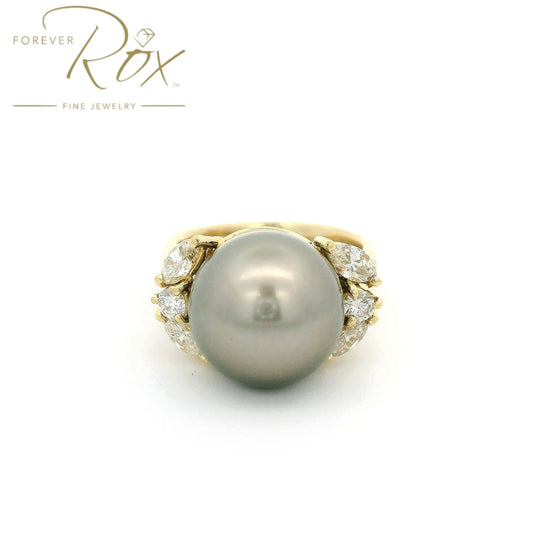 Custom Tahitian Pearl Ring With Marquise & Round Cut Diamonds - Forever Rox Fine Jewelry
