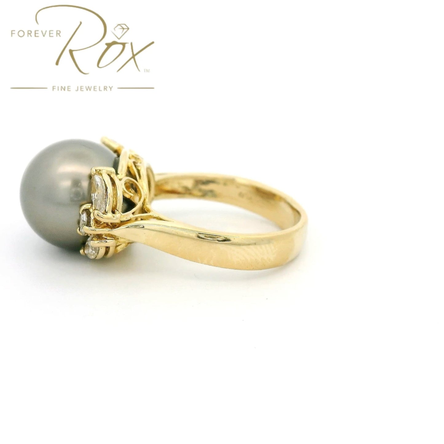 Custom Tahitian Pearl Ring With Marquise & Round Cut Diamonds - Forever Rox Fine Jewelry