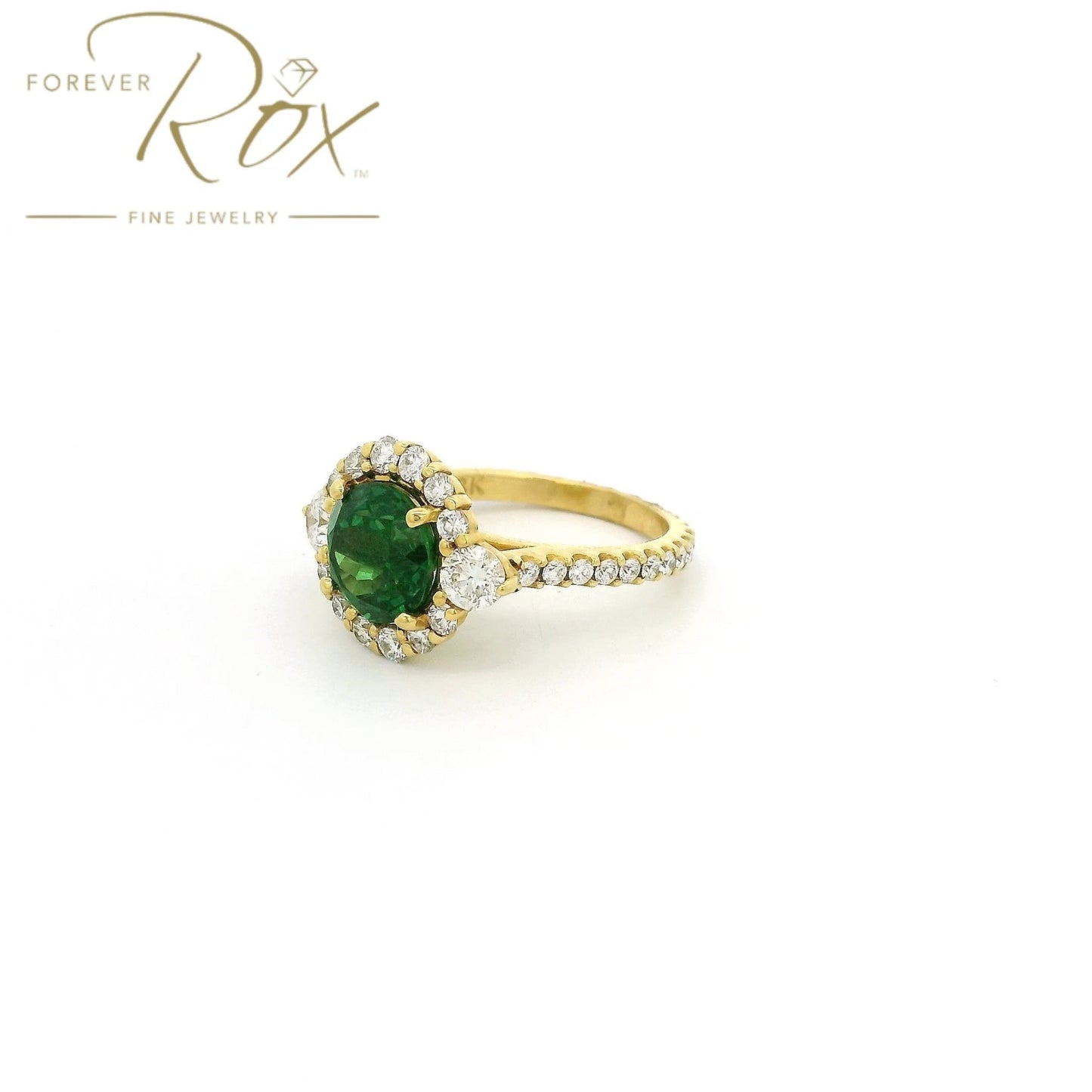 Custom Tsavorite Ring With Diamond Halo & Diamond Eternity Shank - Forever Rox Fine Jewelry