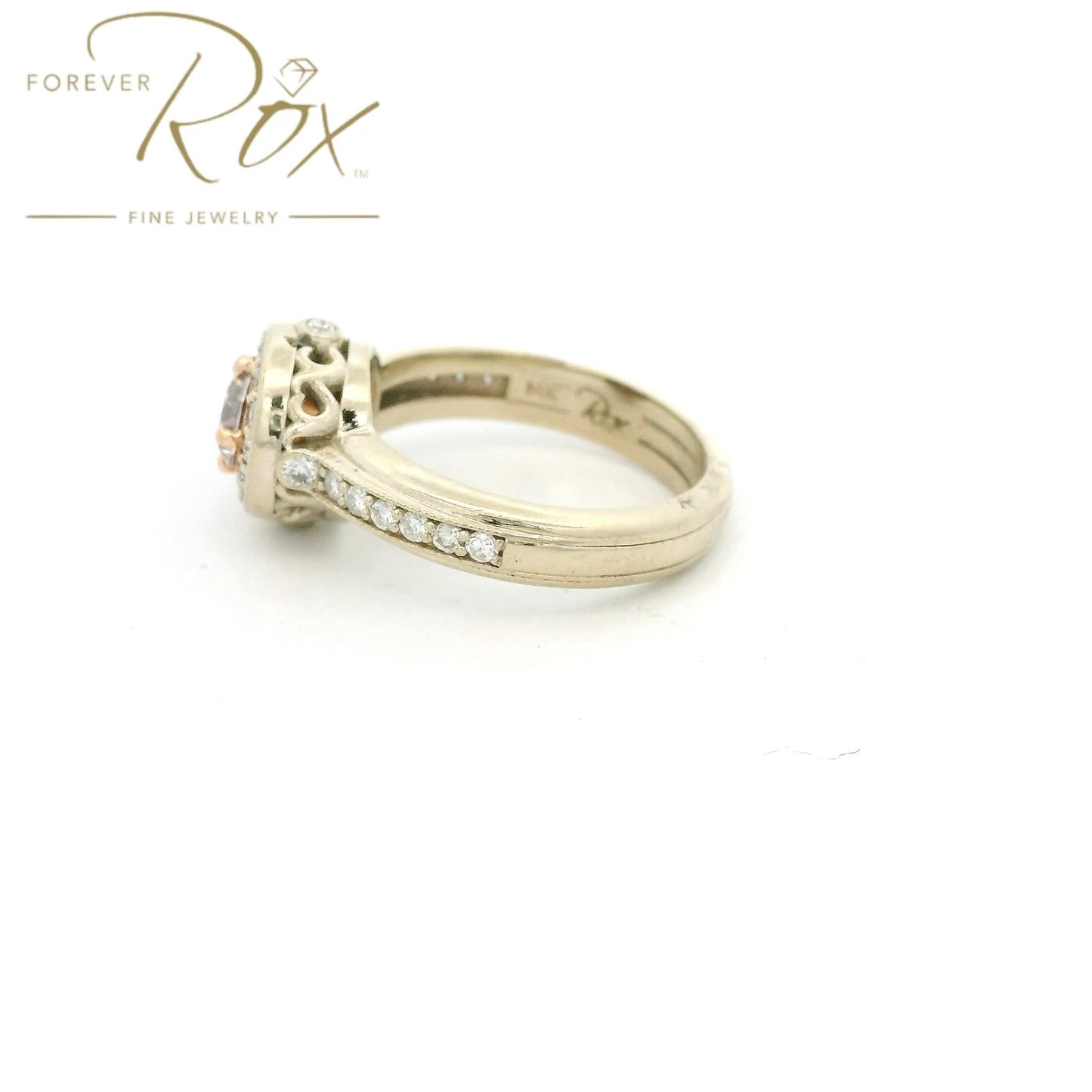 Custom Two Tone Round Cut Fancy Pink Diamond Ring With Diamond halo & Diamonds Accents - Forever Rox Fine Jewelry