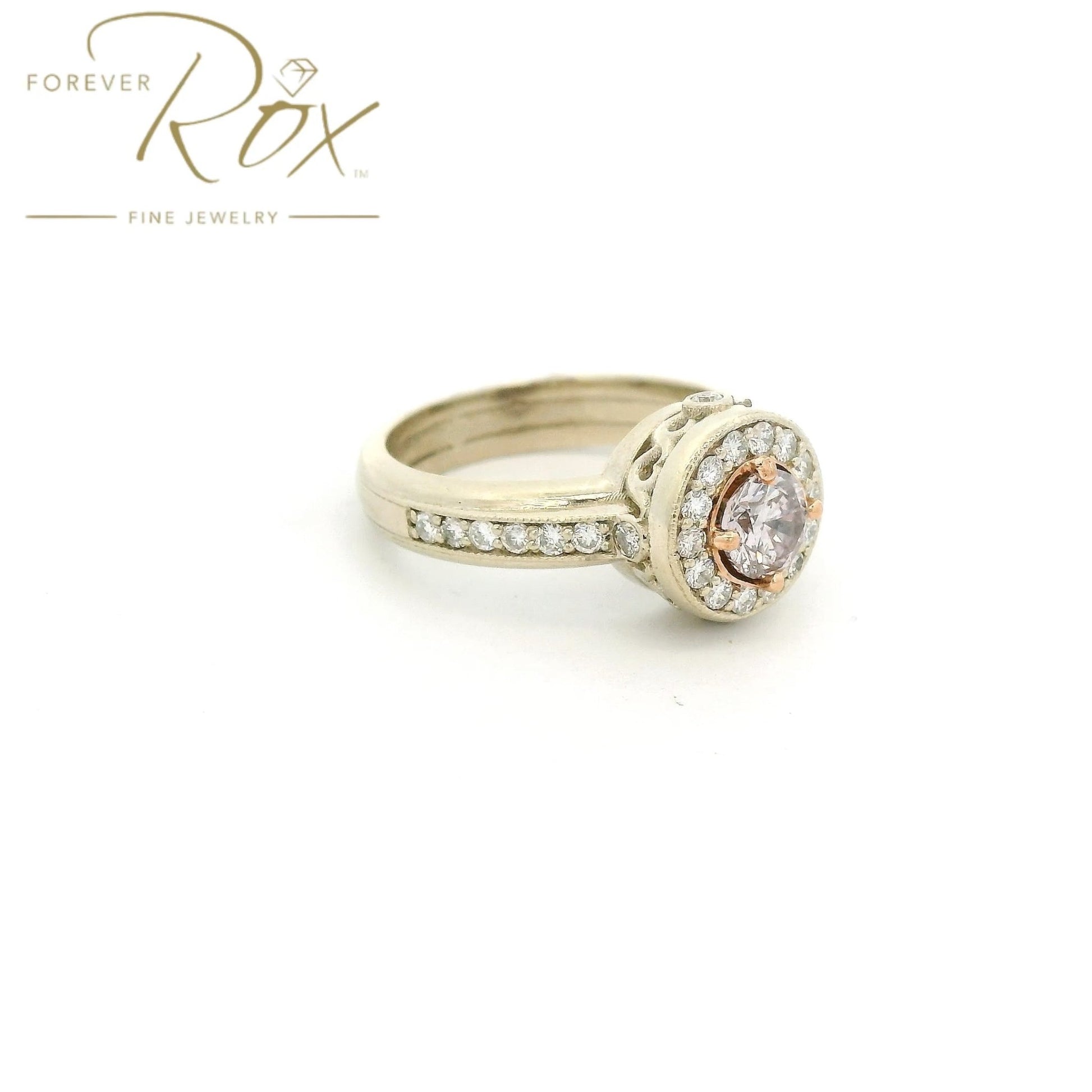 Custom Two Tone Round Cut Fancy Pink Diamond Ring With Diamond halo & Diamonds Accents - Forever Rox Fine Jewelry