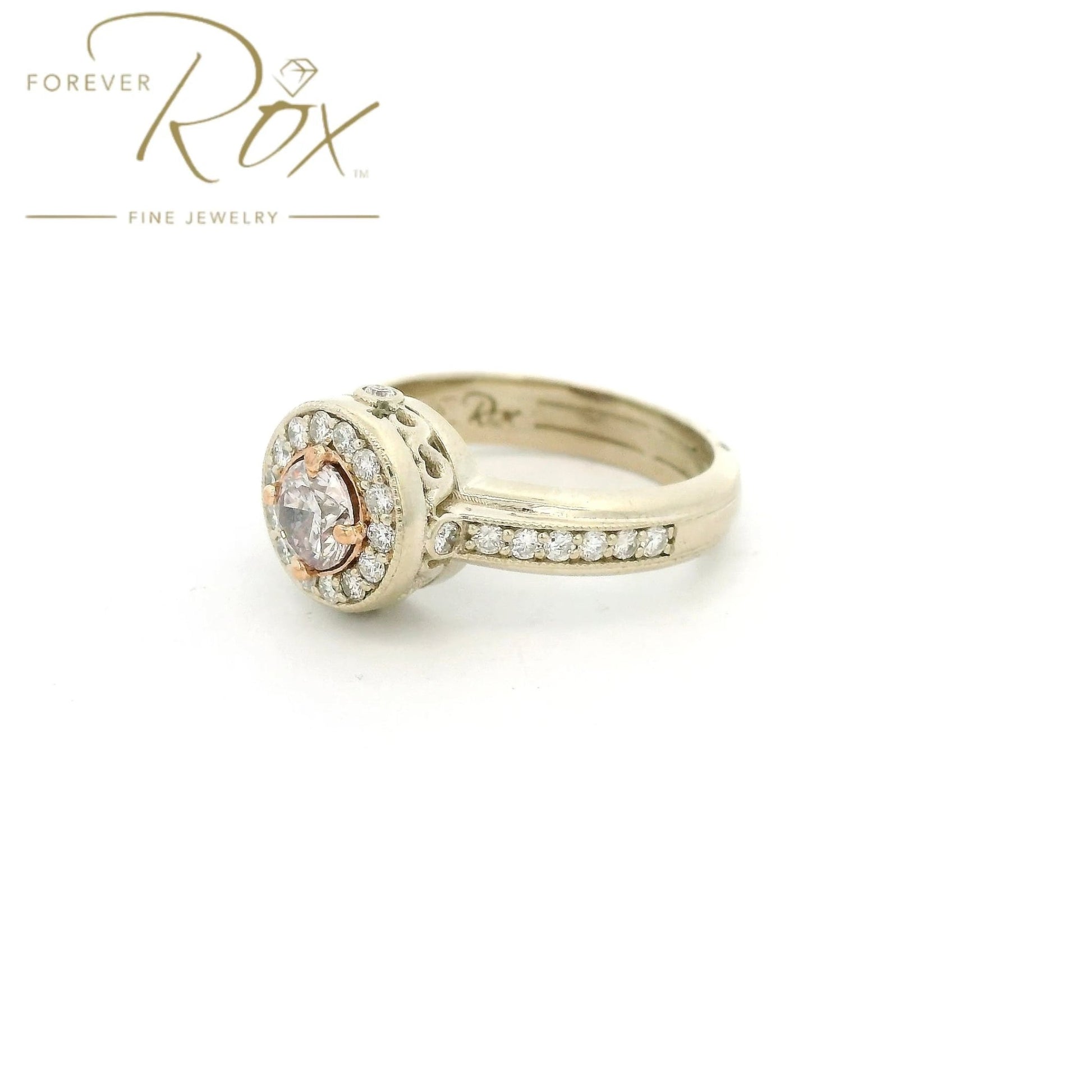 Custom Two Tone Round Cut Fancy Pink Diamond Ring With Diamond halo & Diamonds Accents - Forever Rox Fine Jewelry