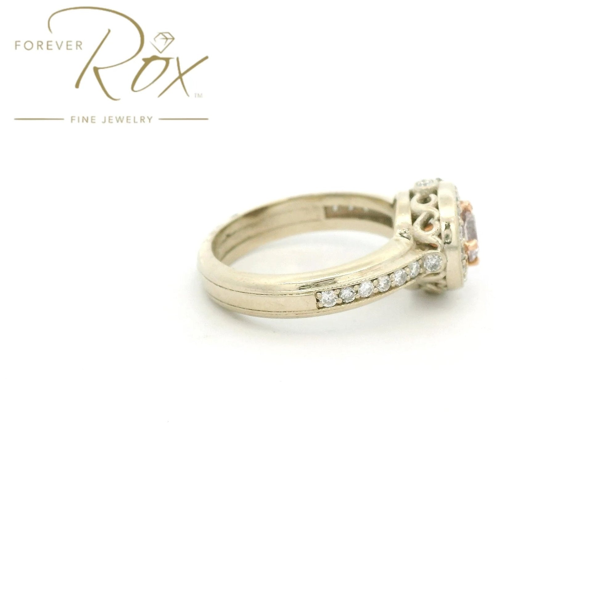 Custom Two Tone Round Cut Fancy Pink Diamond Ring With Diamond halo & Diamonds Accents - Forever Rox Fine Jewelry