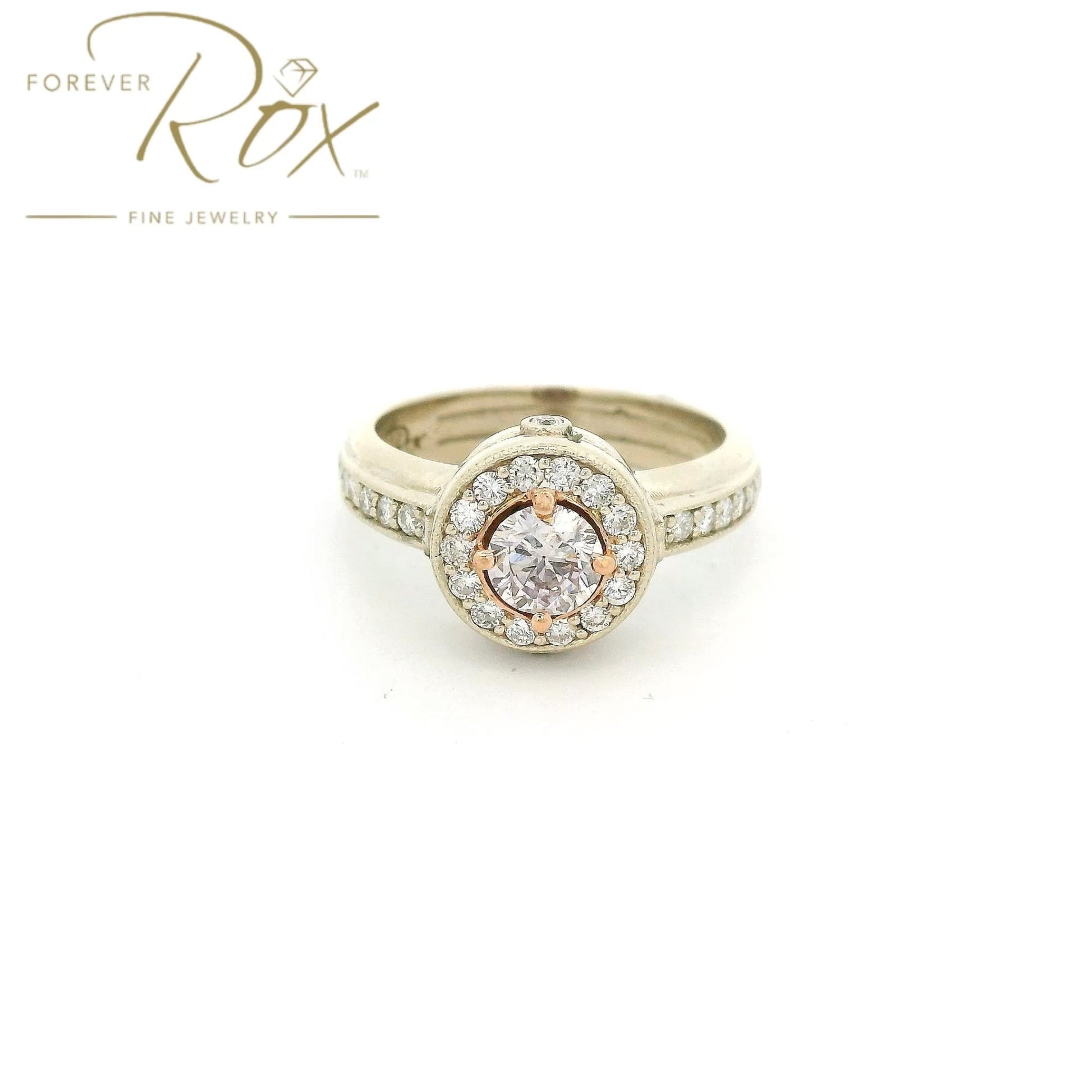 Custom Two Tone Round Cut Fancy Pink Diamond Ring With Diamond halo & Diamonds Accents - Forever Rox Fine Jewelry