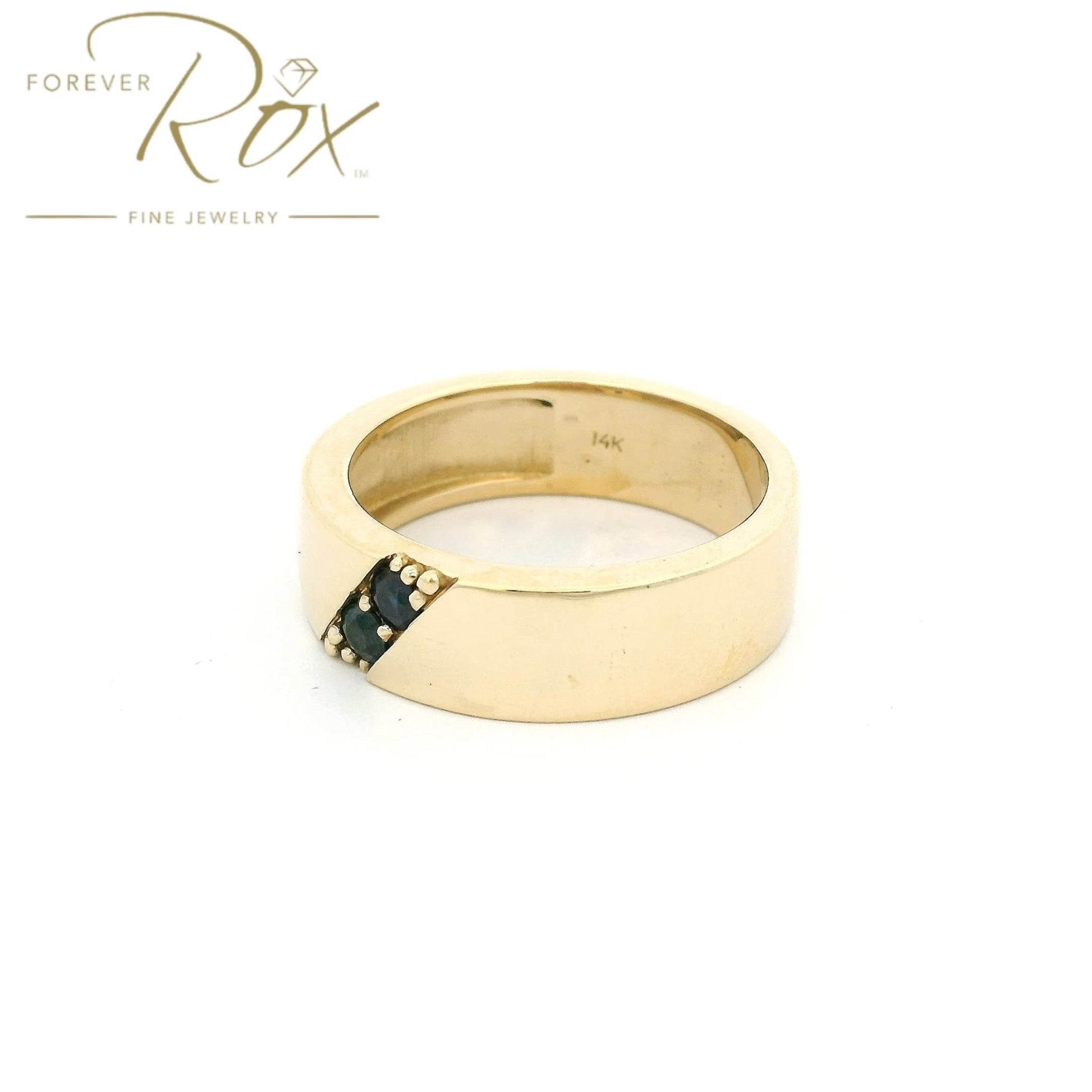 Custom Yellow Gold Mens Band with Two Round Cut Blue Sapphires - Forever Rox Fine Jewelry