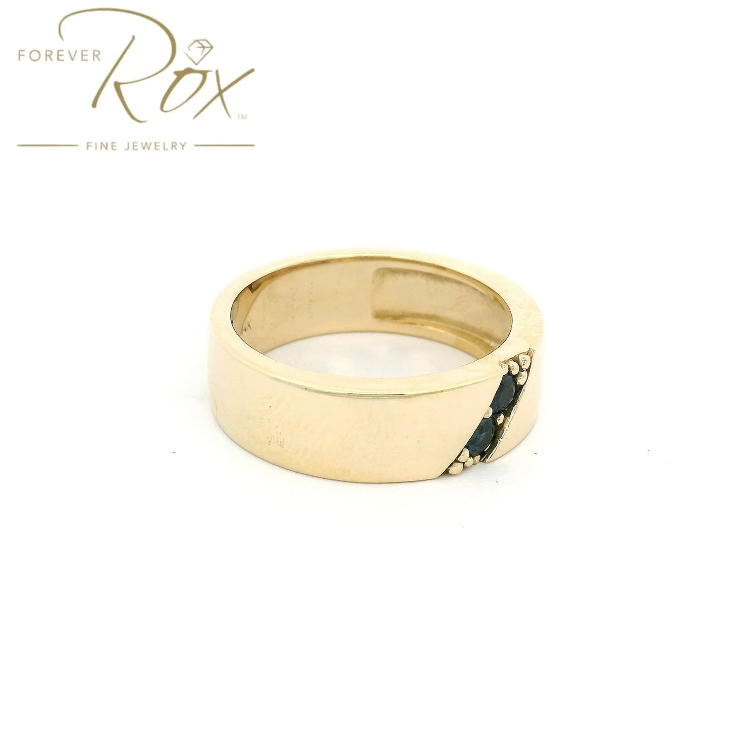 Custom Yellow Gold Mens Band with Two Round Cut Blue Sapphires - Forever Rox Fine Jewelry