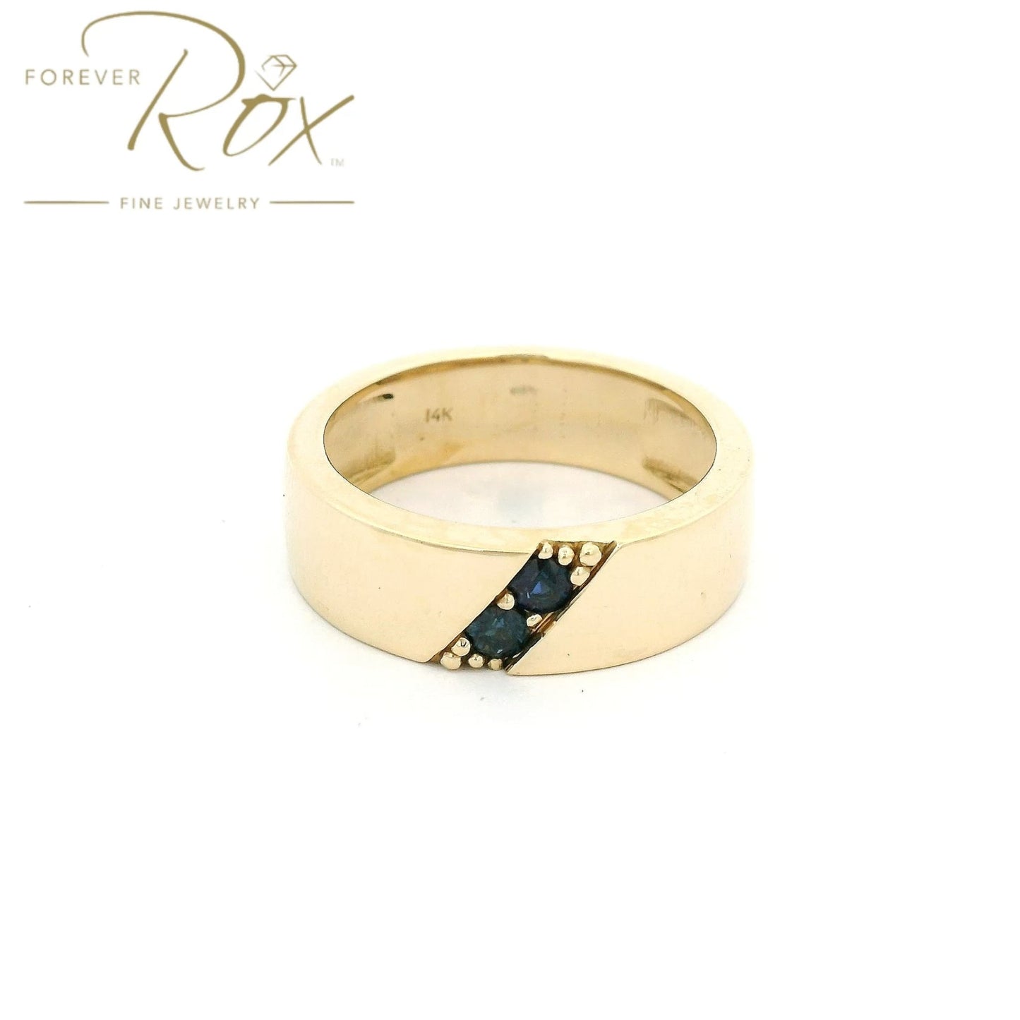 Custom Yellow Gold Mens Band with Two Round Cut Blue Sapphires - Forever Rox Fine Jewelry