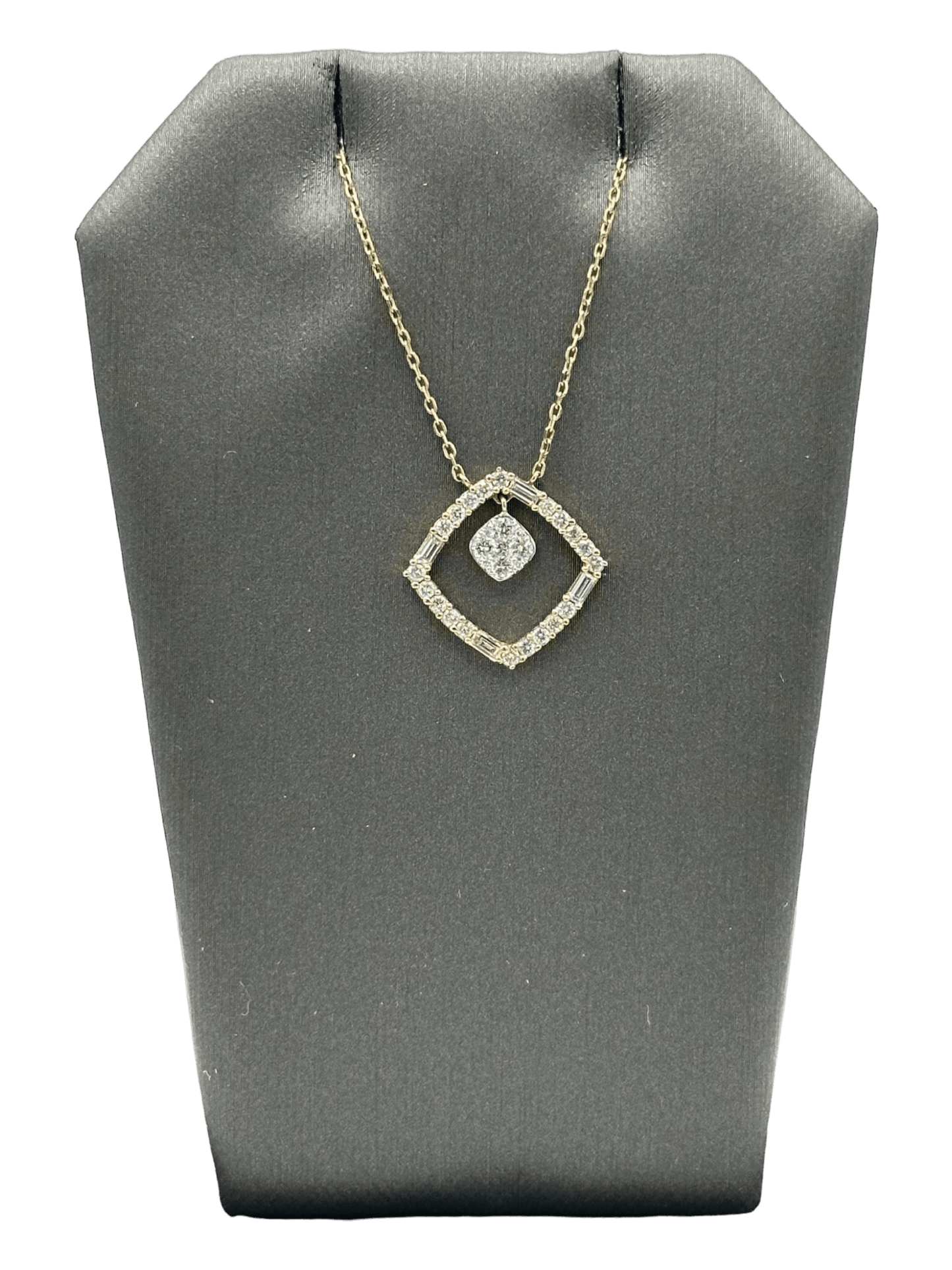 Diamond Shape Pendant With Baguette & Round Diamond Border & Center Diamond Cluster Set Dangle - Forever Rox