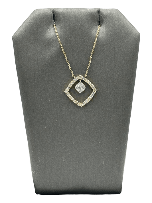 Diamond Shape Pendant With Baguette & Round Diamond Border & Center Diamond Cluster Set Dangle - Forever Rox