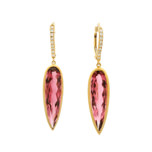 Elongated Pear Shape Pink Tourmaline & Diamond Dangles - Forever Rox