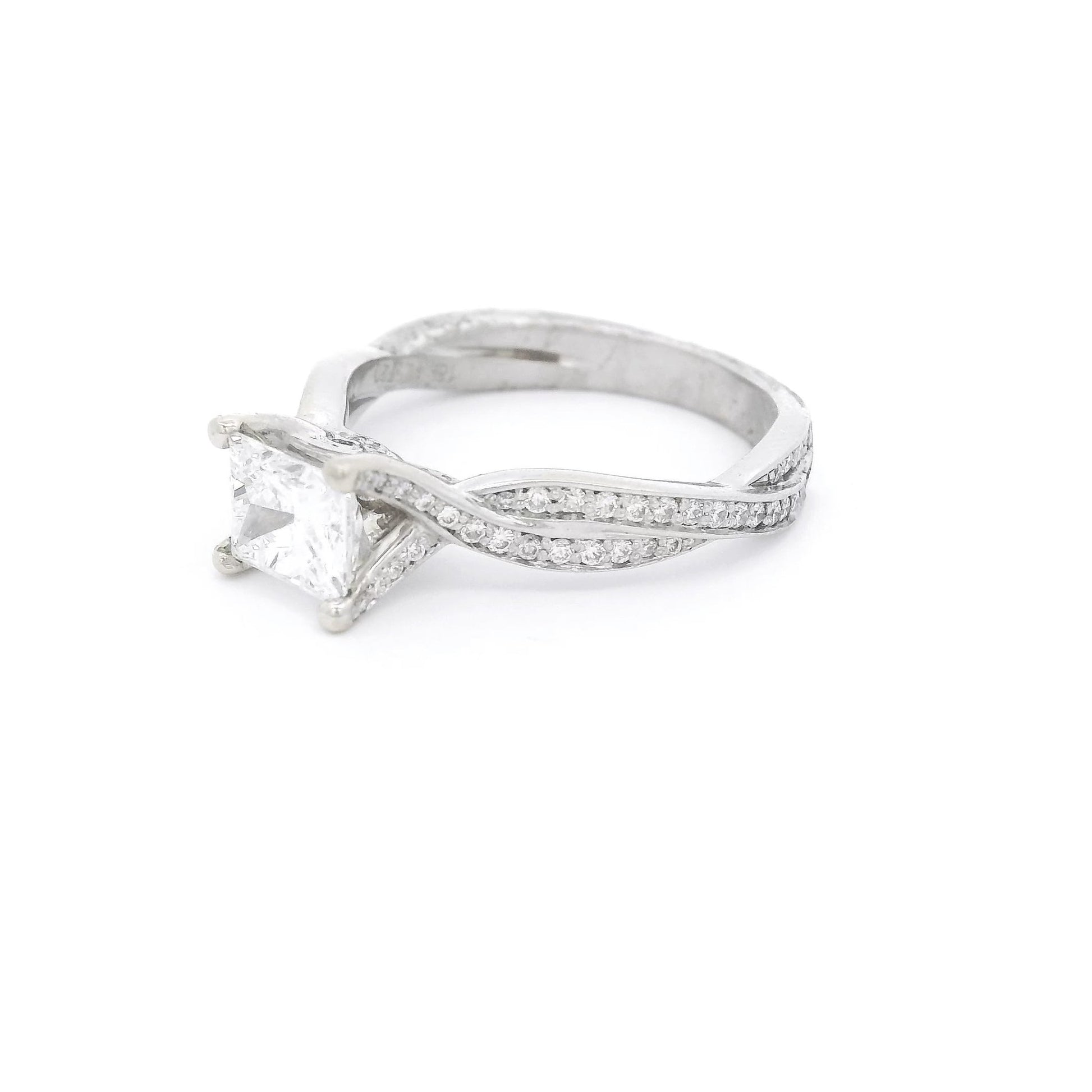 Elongated Princess Cut Diamond Bridal Ring With Diamonds Down Crossover Shank - Forever Rox