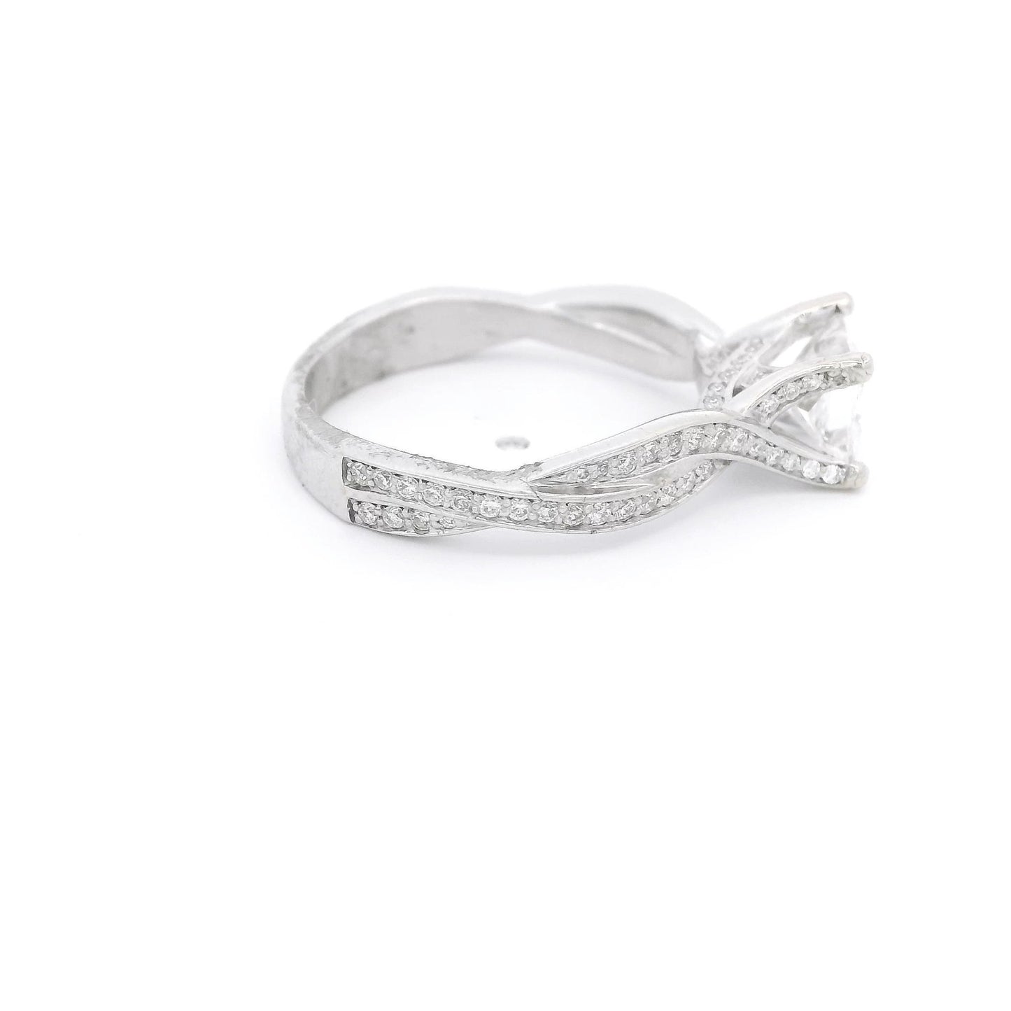 Elongated Princess Cut Diamond Bridal Ring With Diamonds Down Crossover Shank - Forever Rox