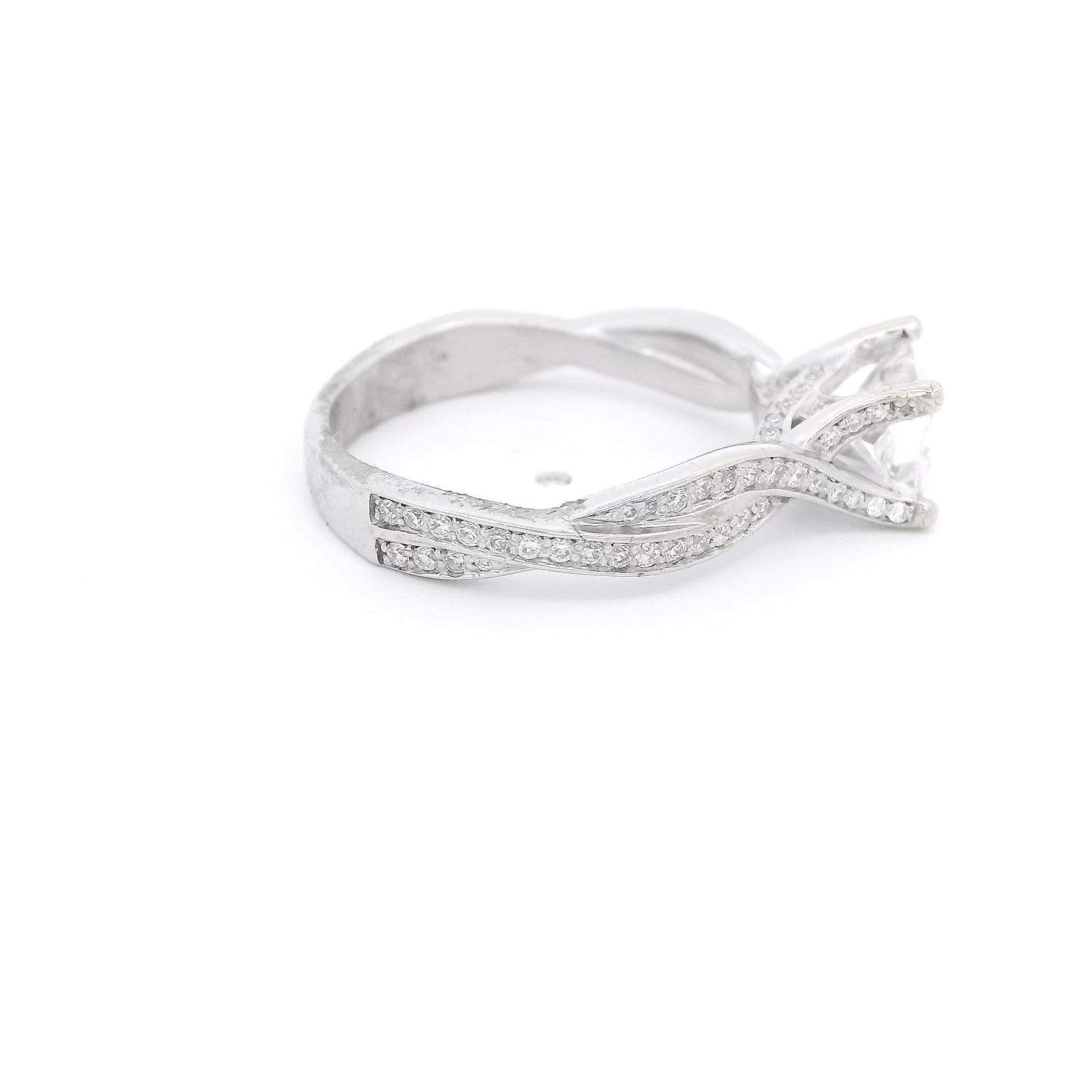 Elongated Princess Cut Diamond Bridal Ring With Diamonds Down Crossover Shank - Forever Rox