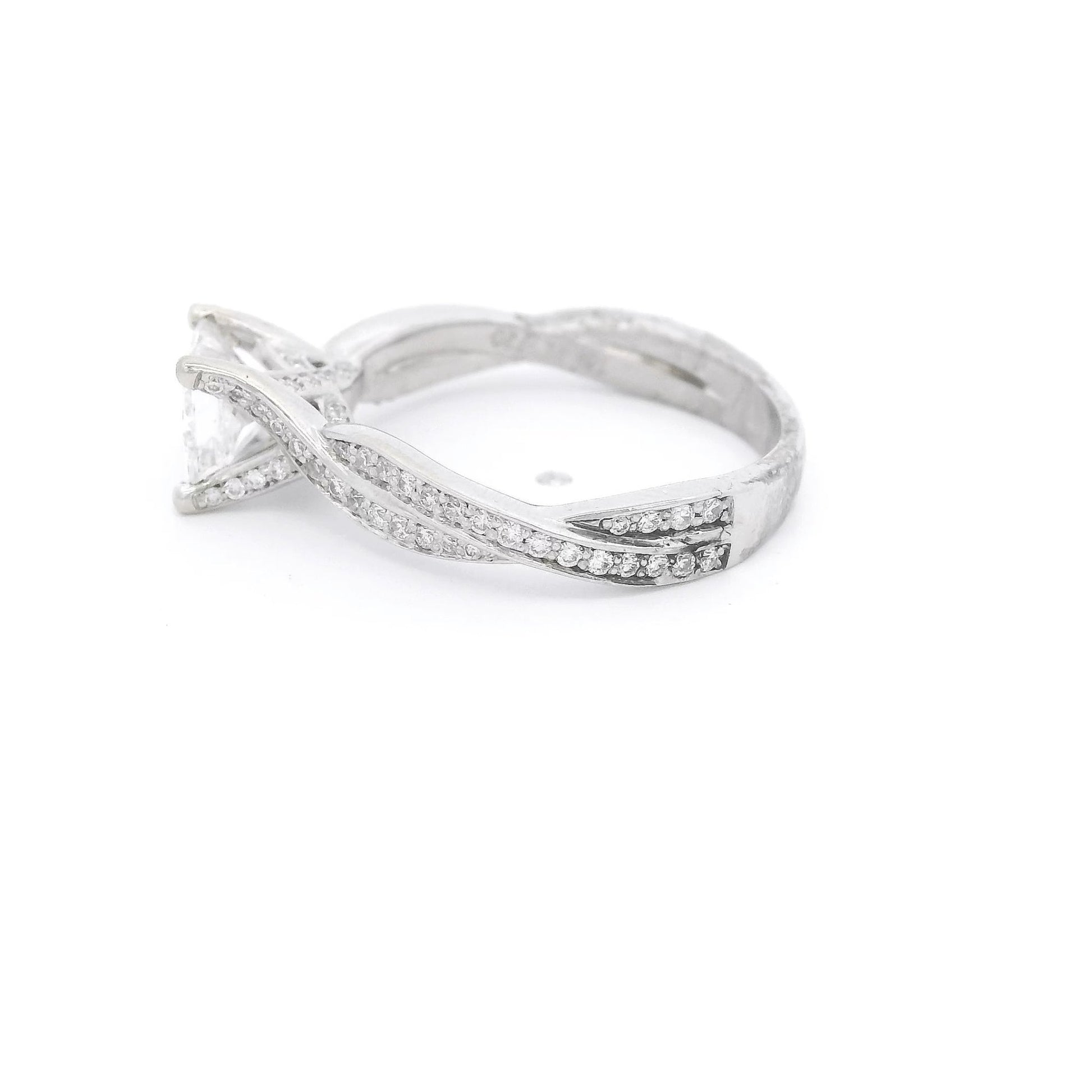 Elongated Princess Cut Diamond Bridal Ring With Diamonds Down Crossover Shank - Forever Rox