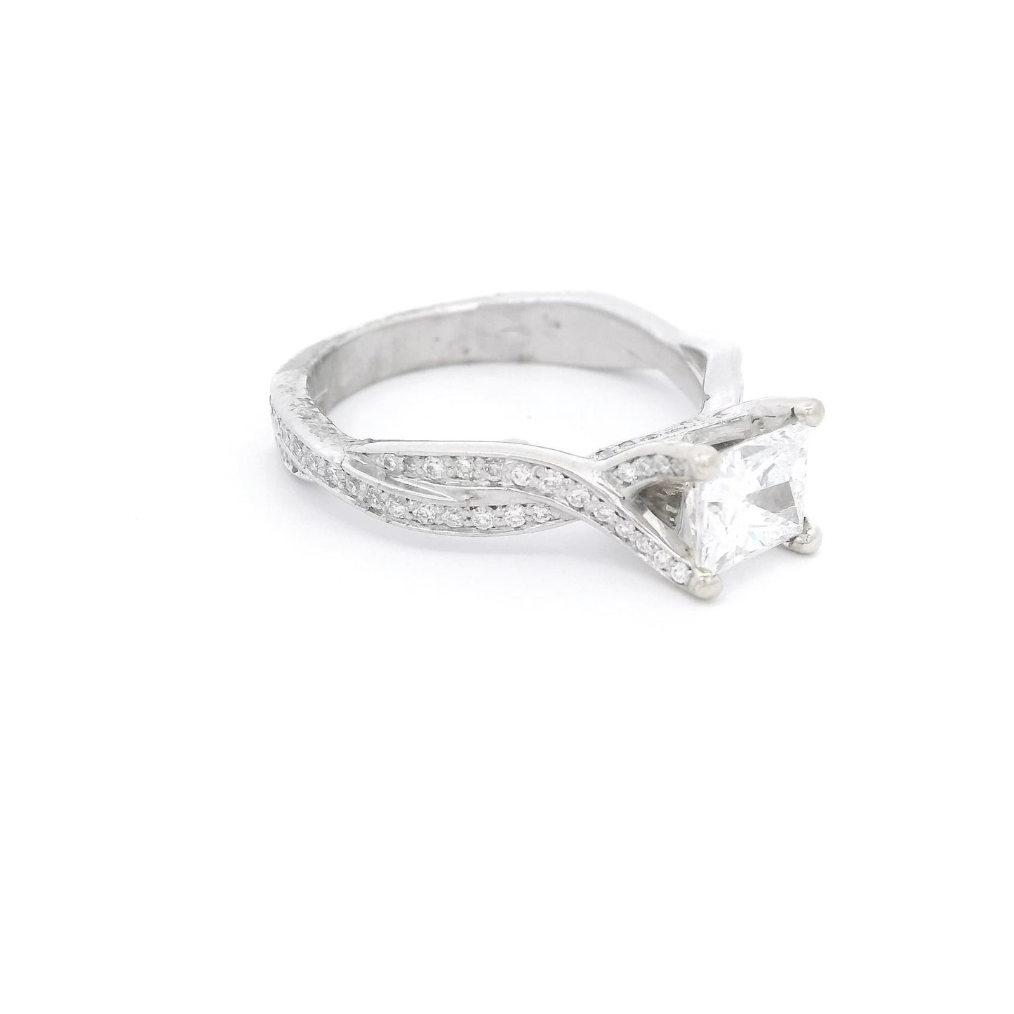 Elongated Princess Cut Diamond Bridal Ring With Diamonds Down Crossover Shank - Forever Rox