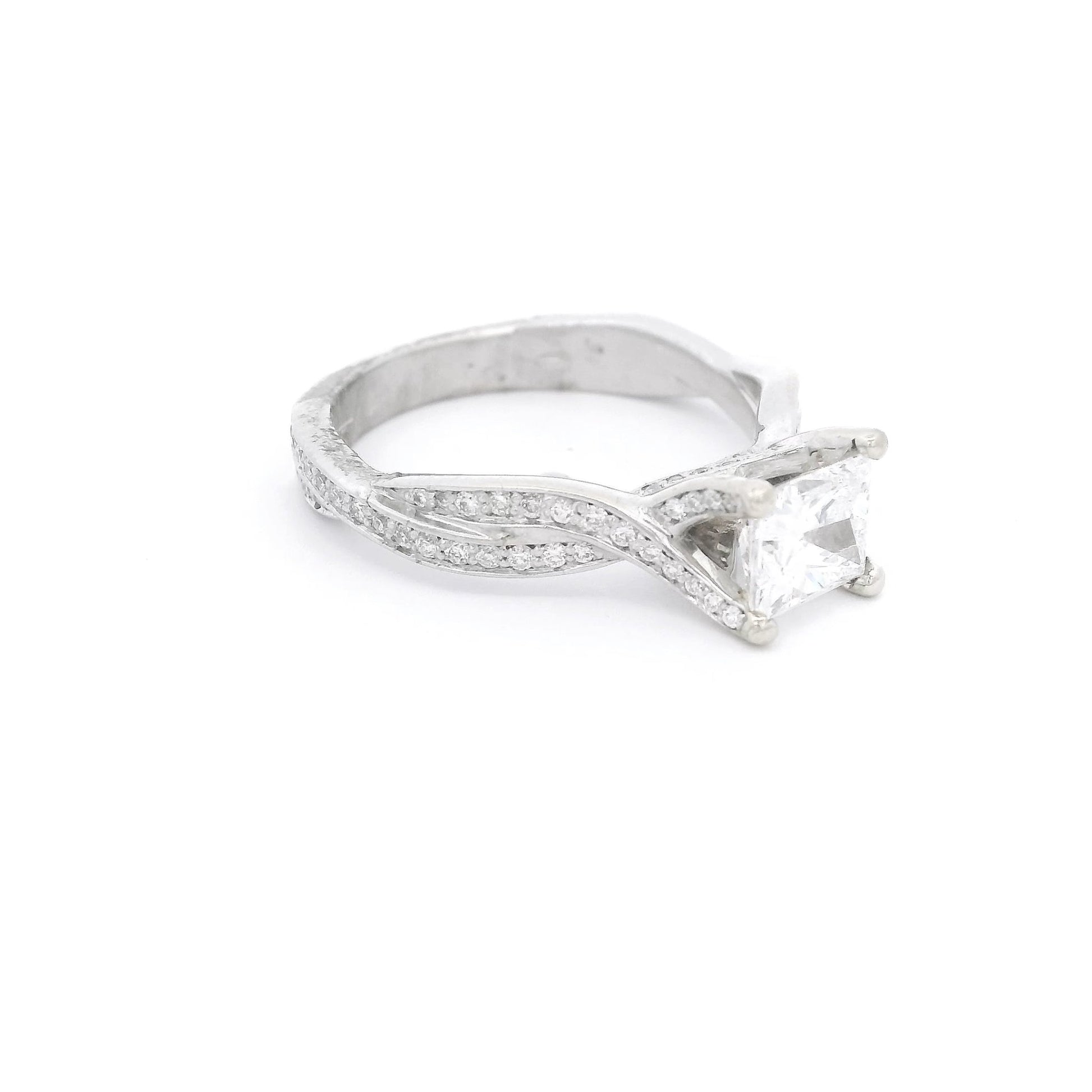 Elongated Princess Cut Diamond Bridal Ring With Diamonds Down Crossover Shank - Forever Rox