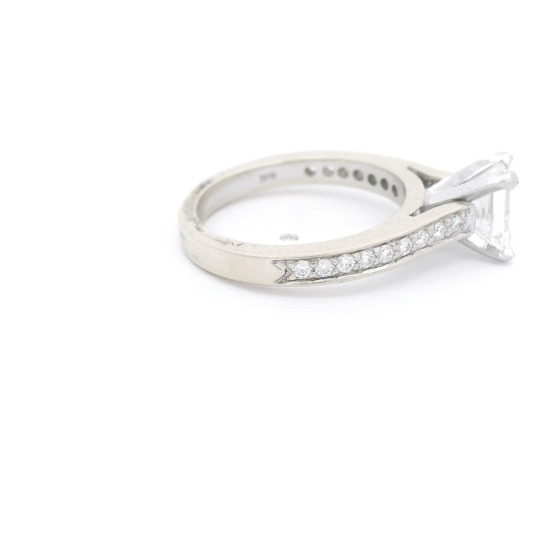 Emerald Cut Diamond Bridal Ring With Channel Set Diamond Down The Shank - Forever Rox