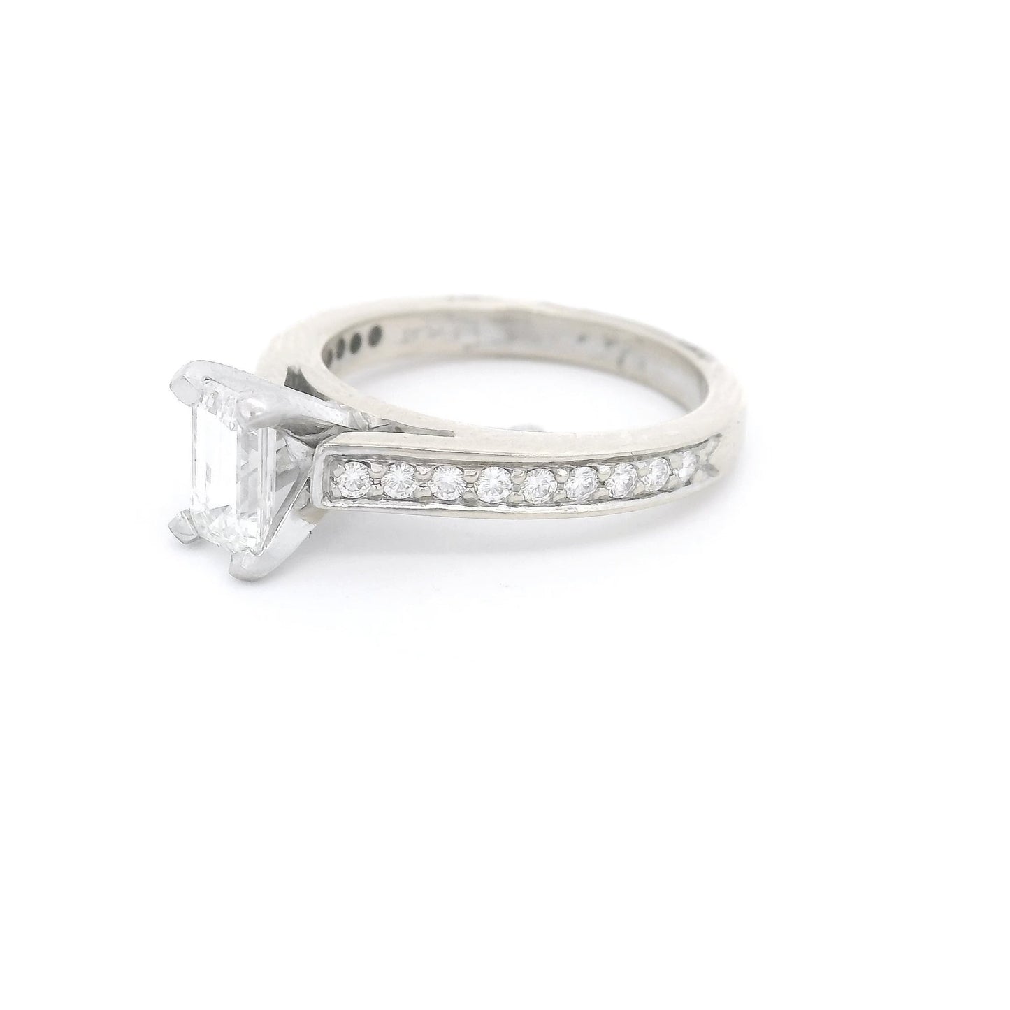 Emerald Cut Diamond Bridal Ring With Channel Set Diamond Down The Shank - Forever Rox