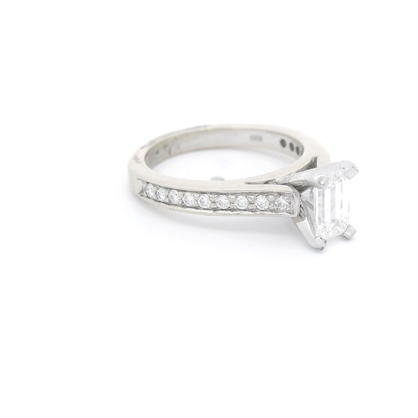 Emerald Cut Diamond Bridal Ring With Channel Set Diamond Down The Shank - Forever Rox