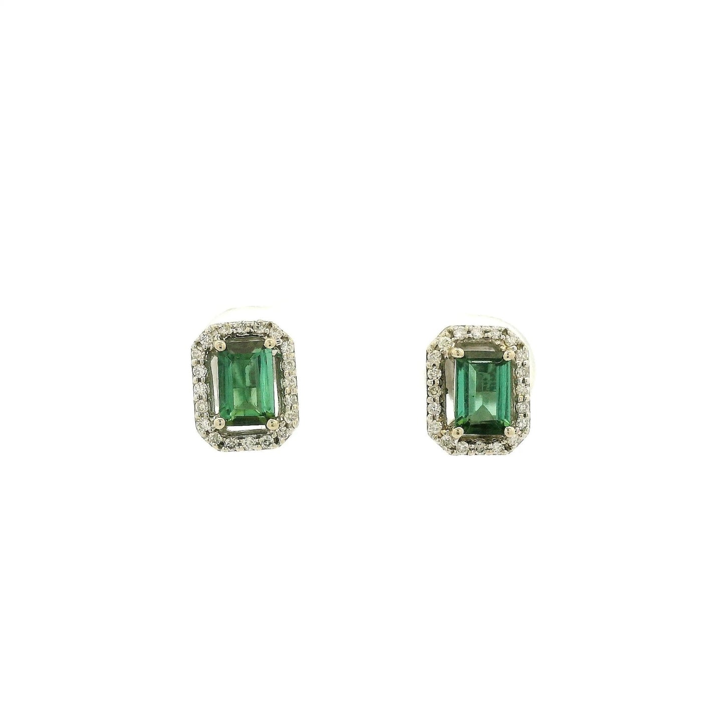 Emerald Cut Green Tourmaline & Diamond Halo Studs - Forever Rox Fine Jewelry
