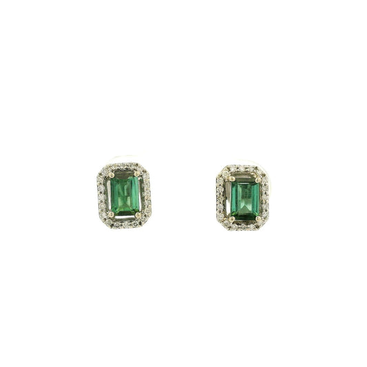 Emerald Cut Green Tourmaline & Diamond Halo Studs - Forever Rox Fine Jewelry