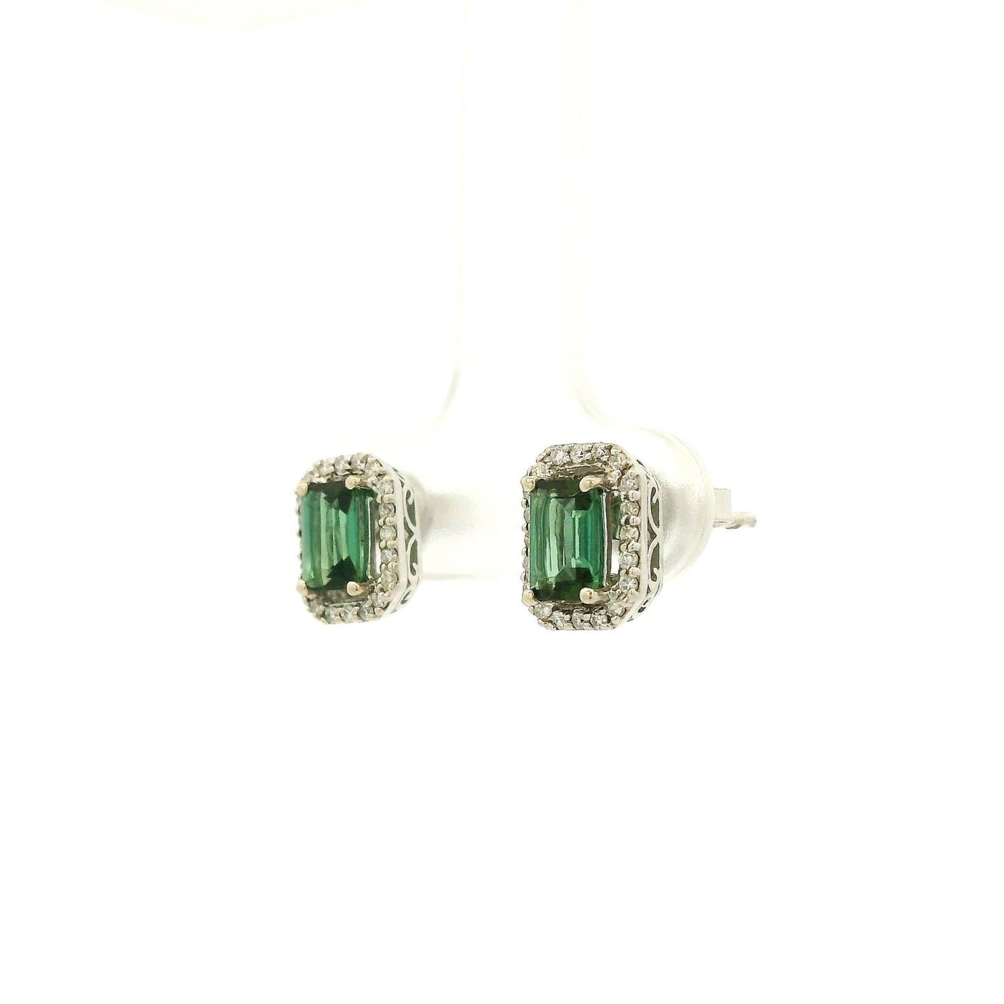 Emerald Cut Green Tourmaline & Diamond Halo Studs - Forever Rox Fine Jewelry