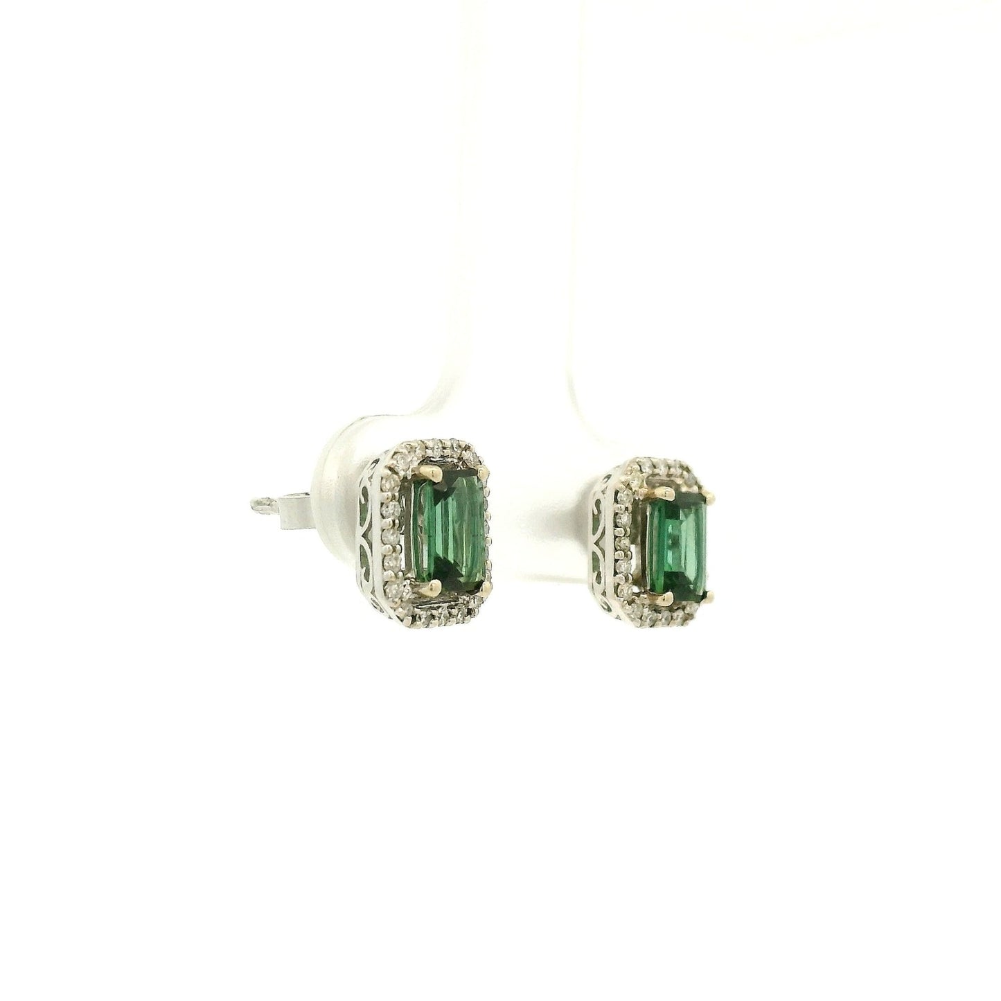 Emerald Cut Green Tourmaline & Diamond Halo Studs - Forever Rox Fine Jewelry
