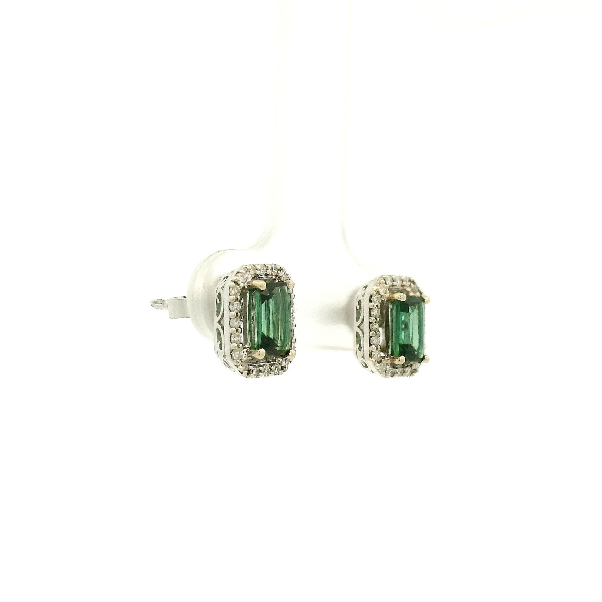 Emerald Cut Green Tourmaline & Diamond Halo Studs - Forever Rox Fine Jewelry