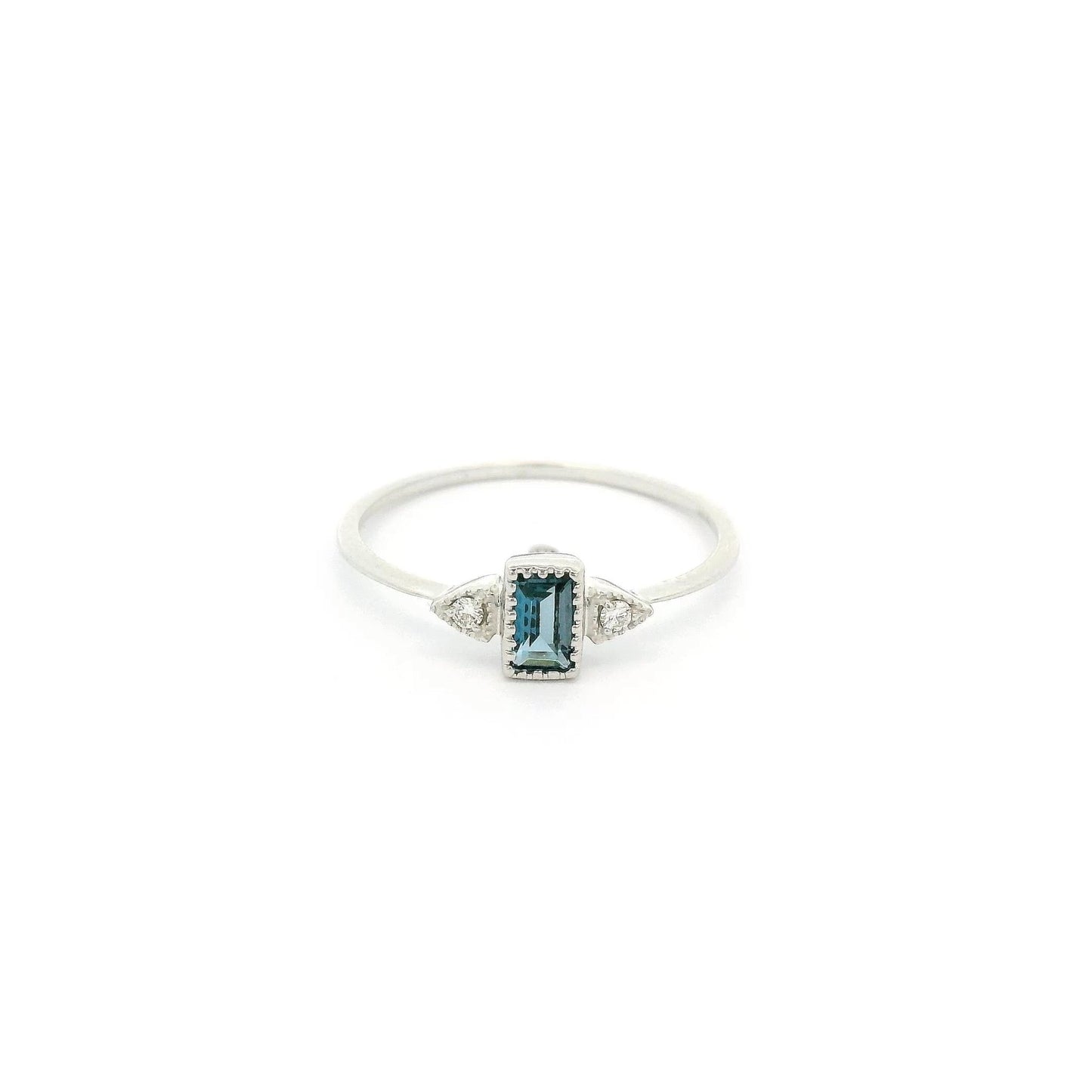 Emerald Cut London Blue Topaz & Diamond Milgrain Design Ring - Forever Rox Fine Jewelry