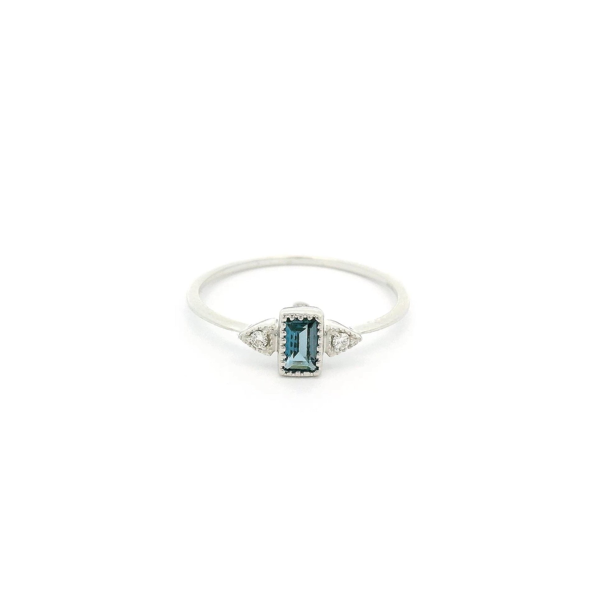 Emerald Cut London Blue Topaz & Diamond Milgrain Design Ring - Forever Rox Fine Jewelry