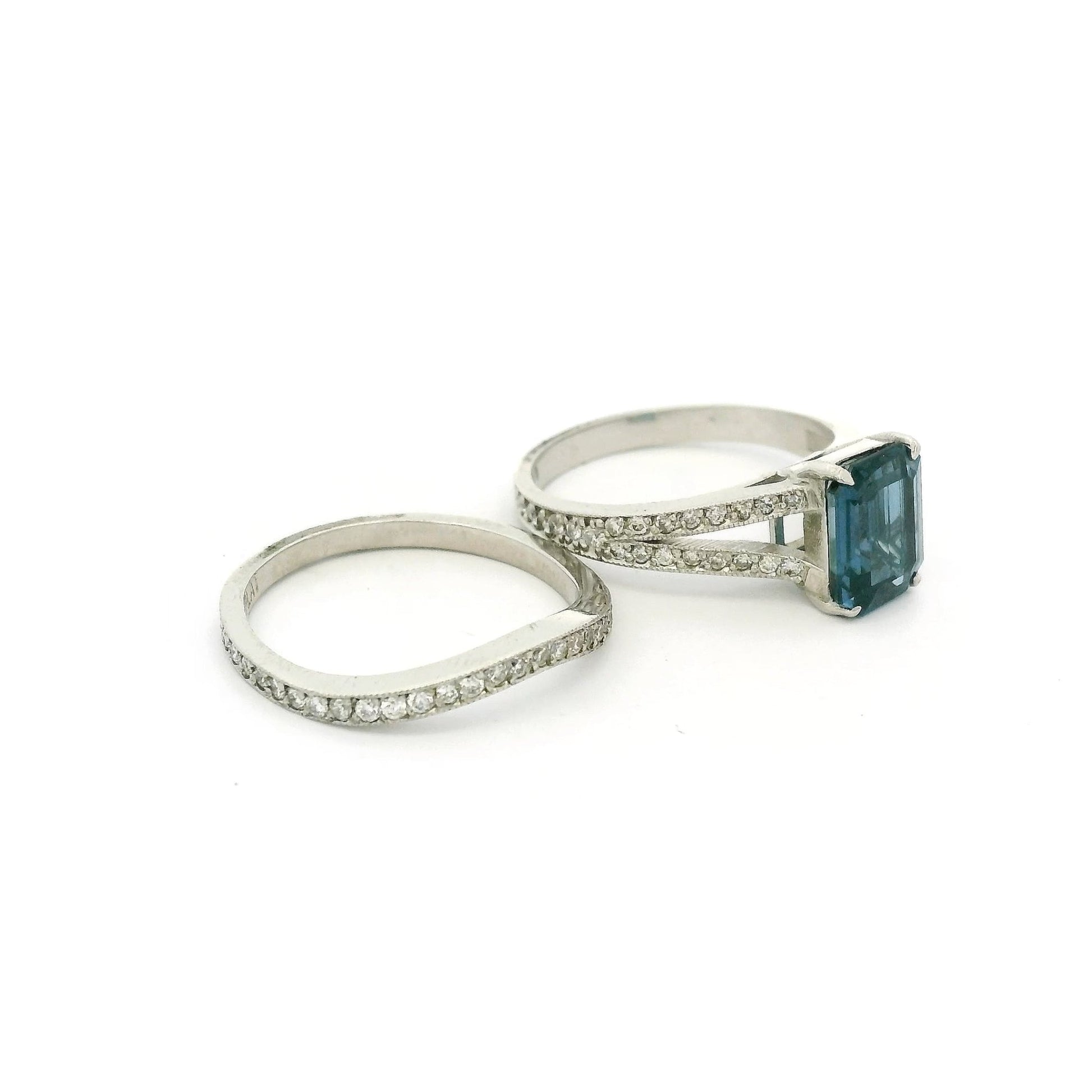 Emerald Cut Sapphire & Diamond Bridal Ring With Matching Diamond Band - Forever Rox Fine Jewelry