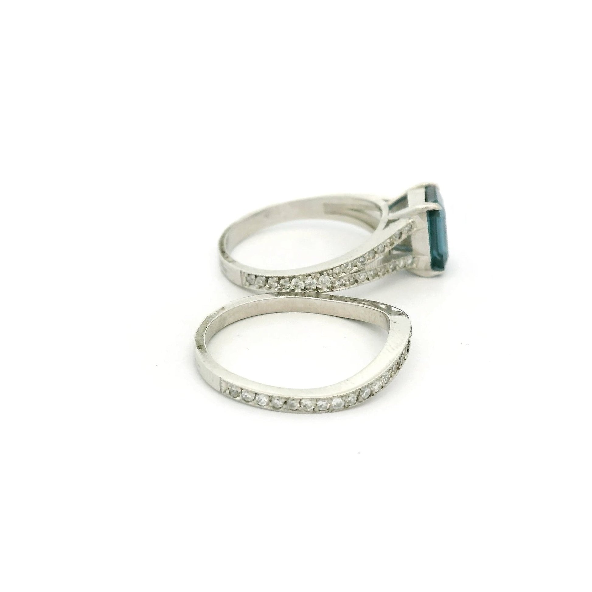 Emerald Cut Sapphire & Diamond Bridal Ring With Matching Diamond Band - Forever Rox Fine Jewelry